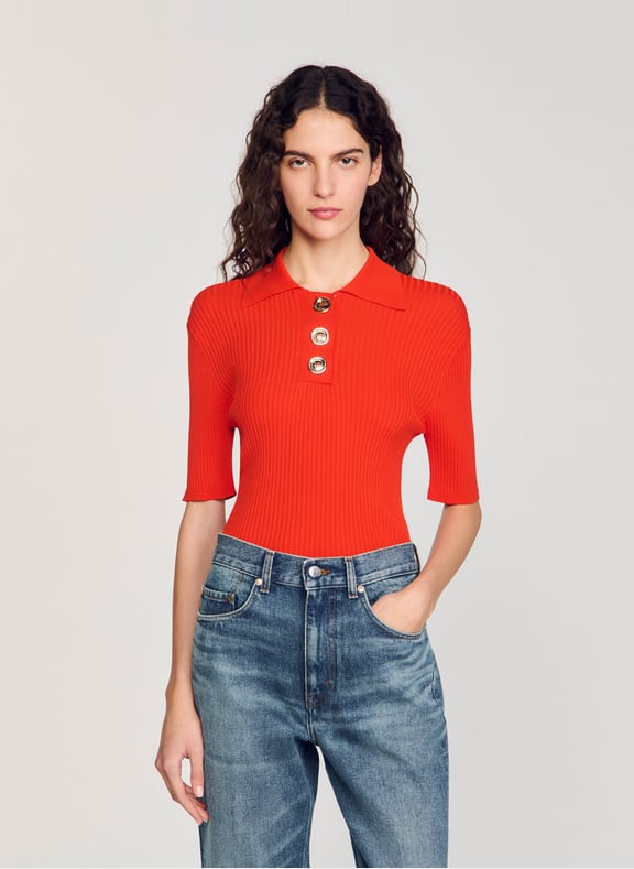 Pull col polo ajusté Rouge by SANDRO SANDRO Pull col polo ajusté Rouge