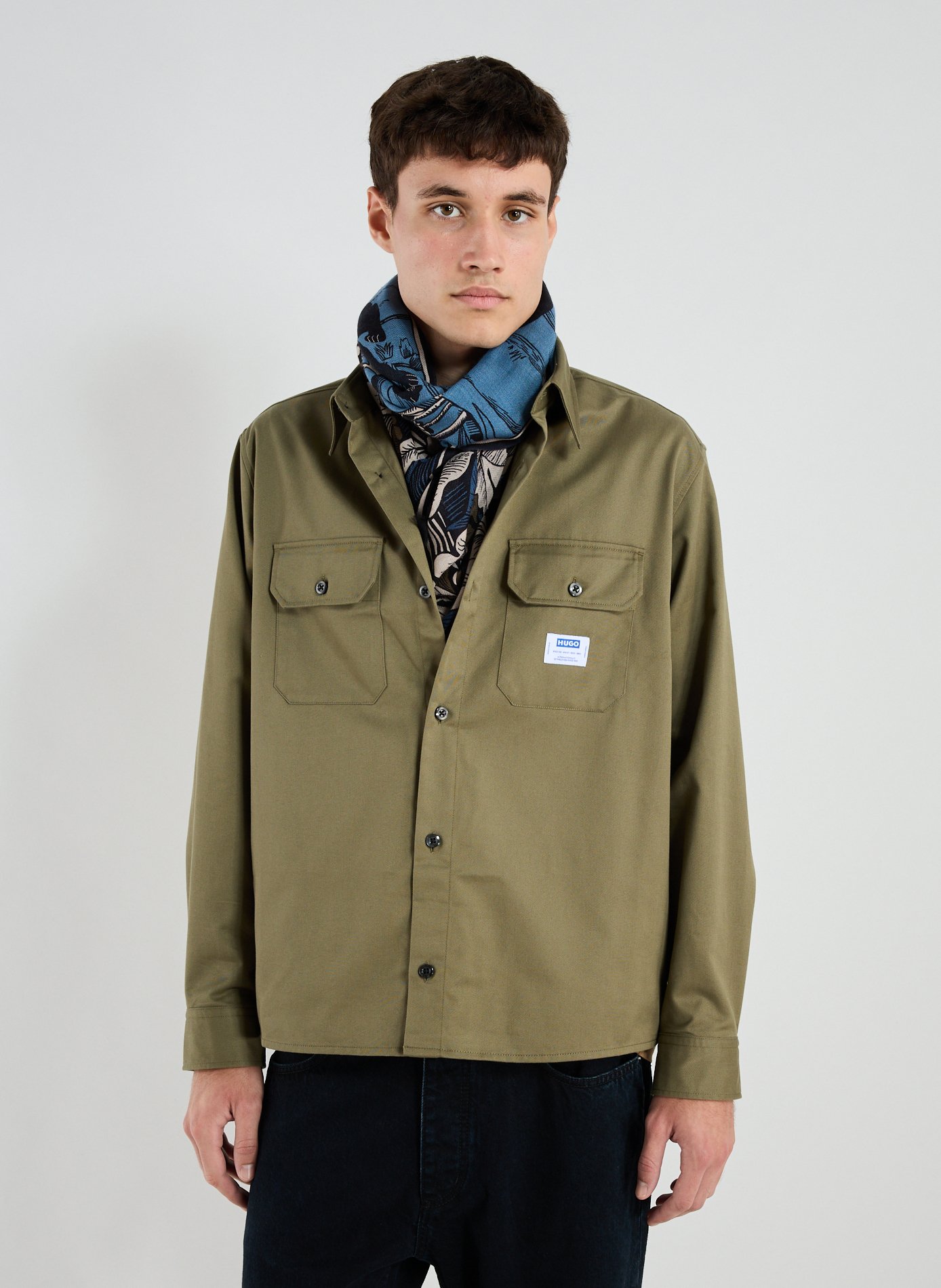 HUGO BLUE Oversized cotton shirt with patterns Khaki