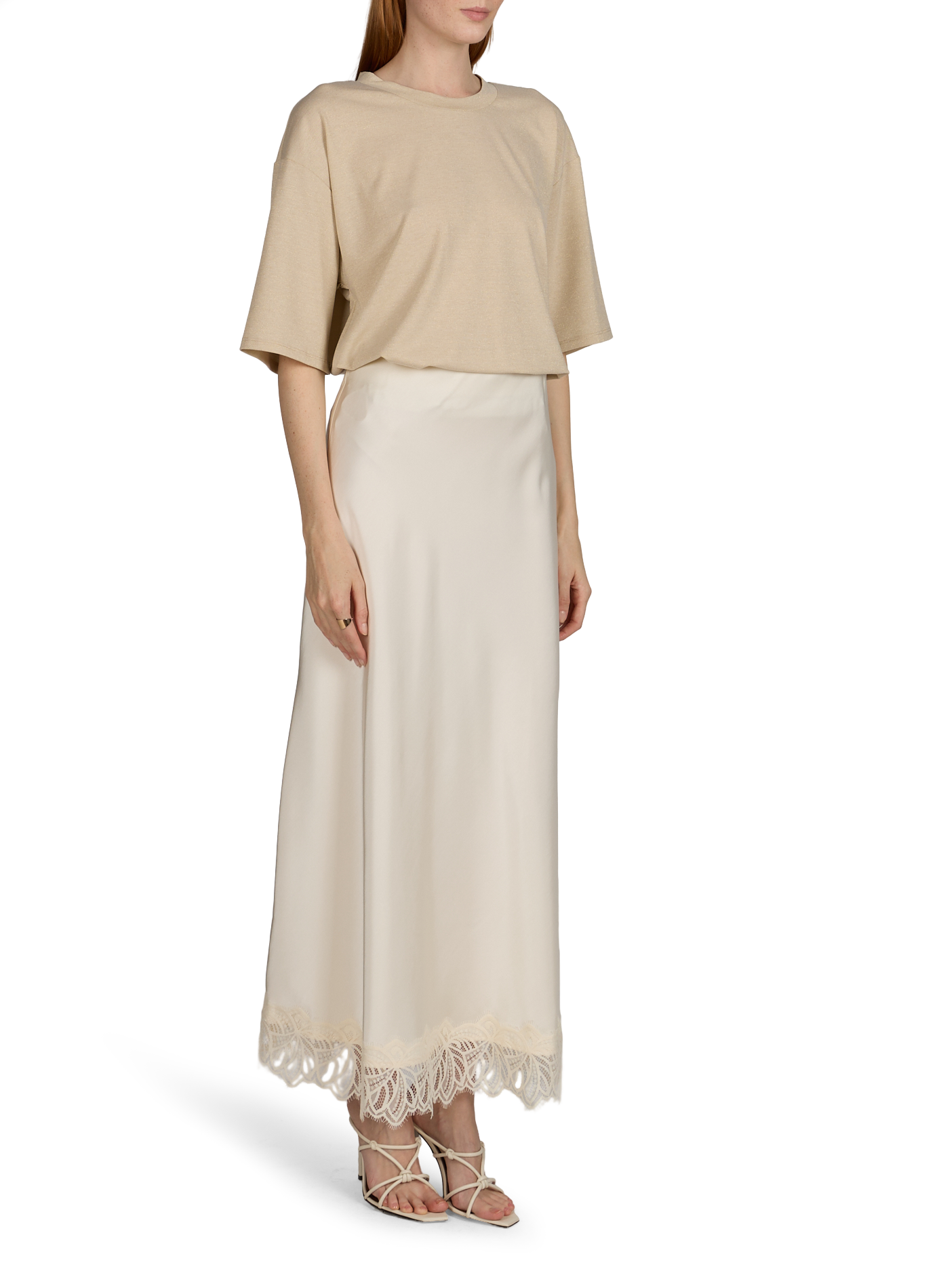 T-shirt cropped brillante con scollo rotondo VILA Beige