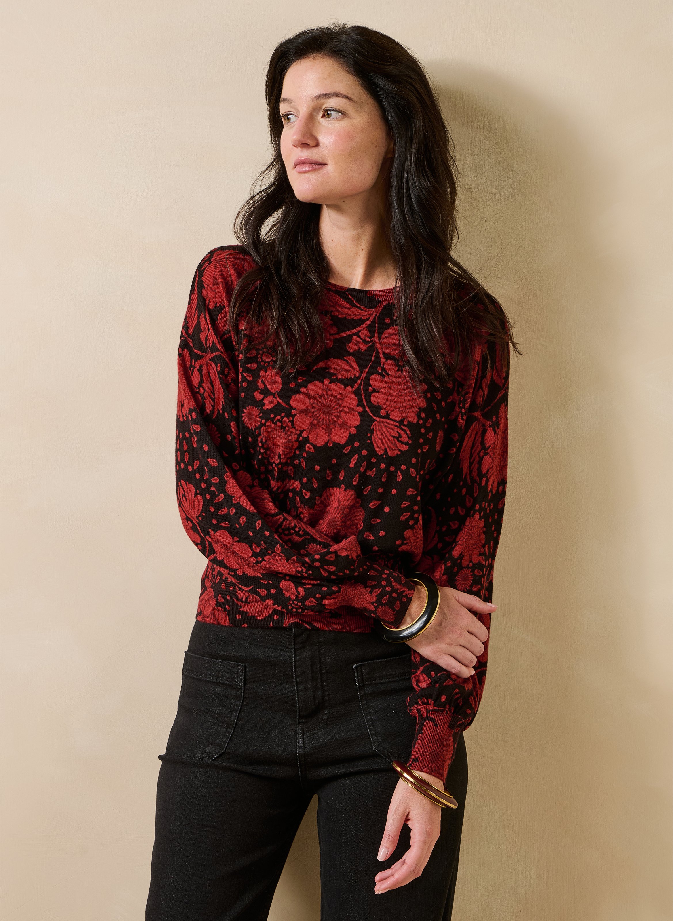 Korte wollen trui met bloemenprint LA FEE MARABOUTEE Rood