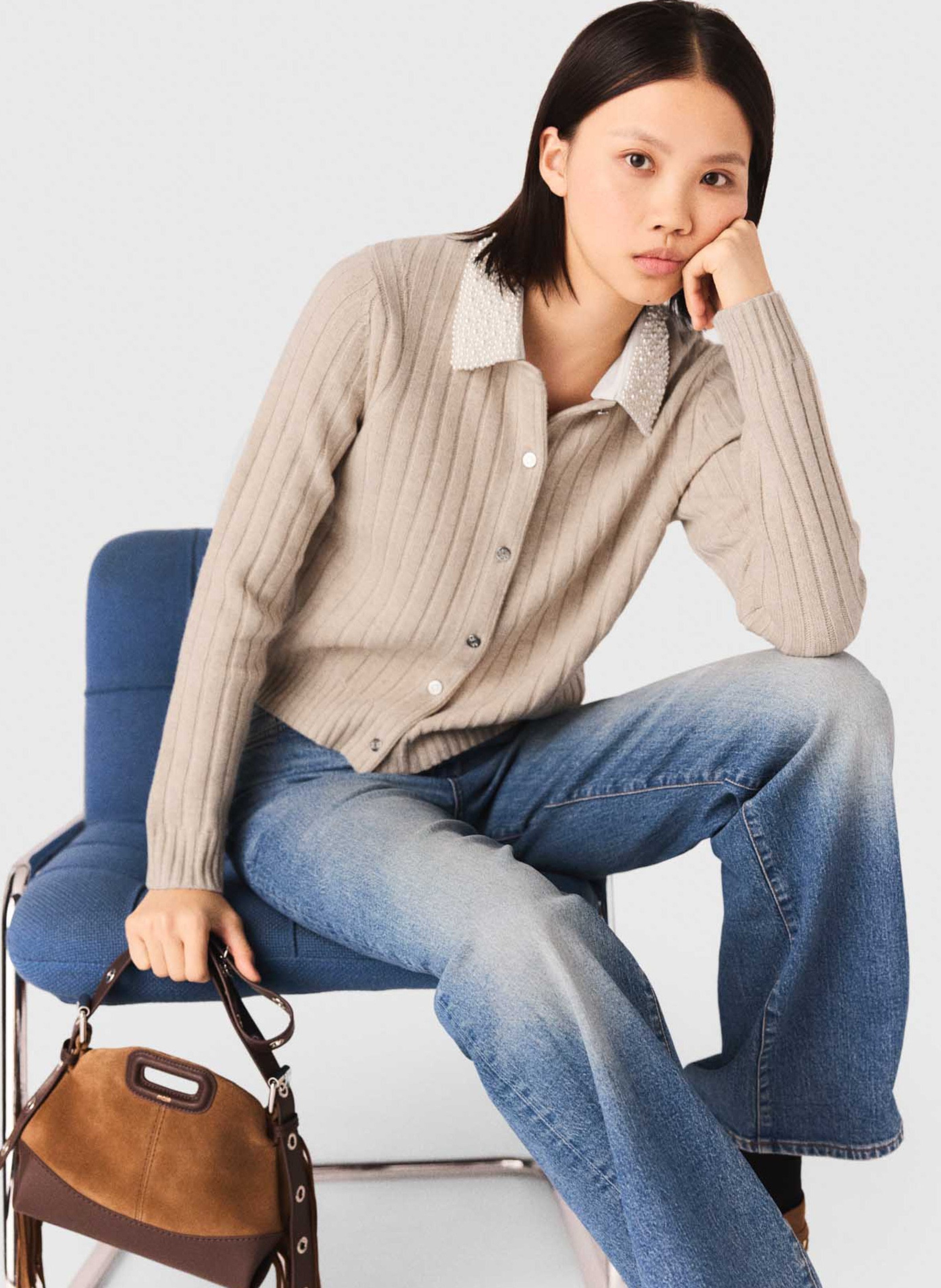 Cardigan droit col amovible en laine mélangée MAJE Beige