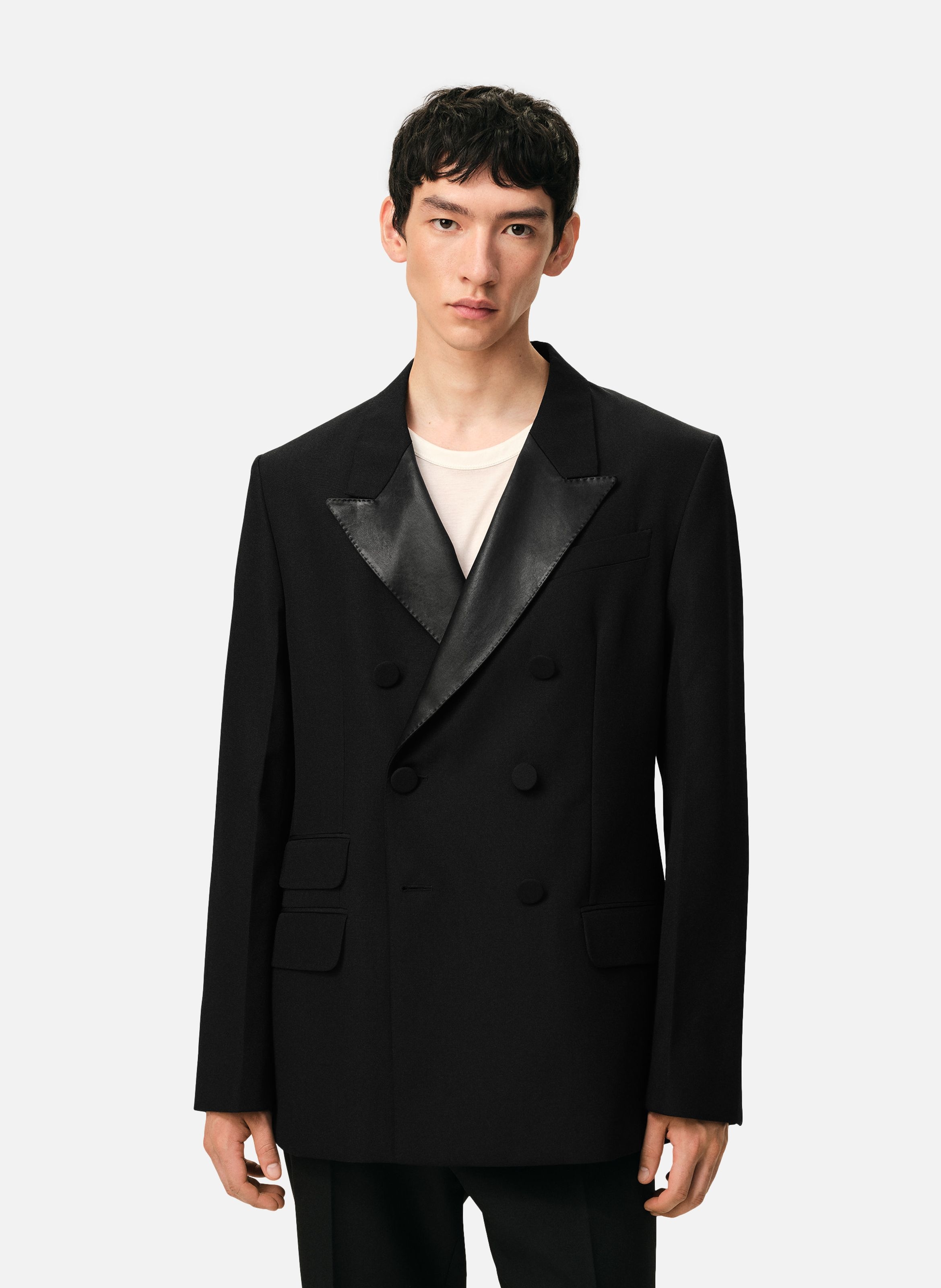 Veste smocking droite double boutonnage en laine vierge NoirAMI PARIS