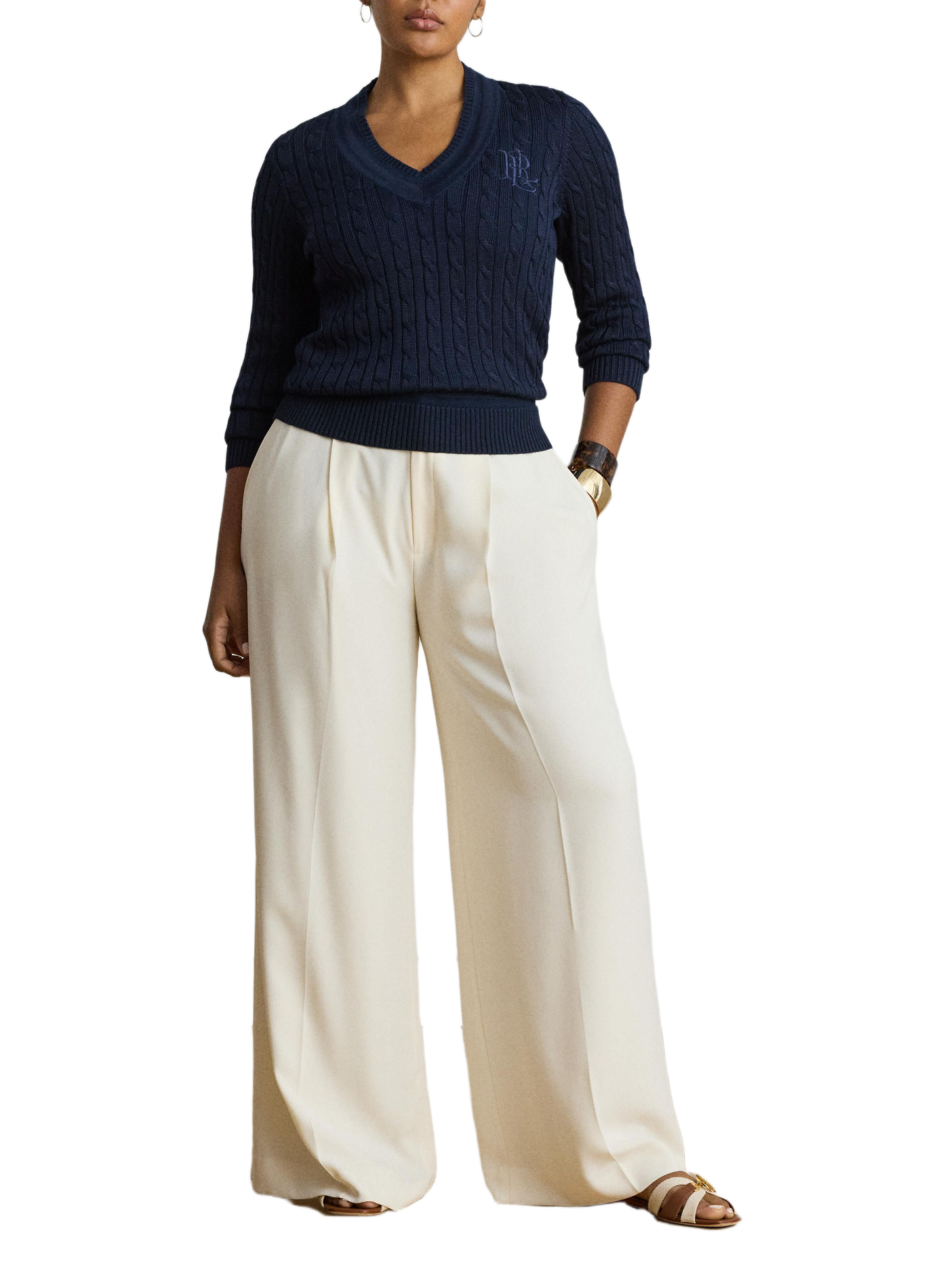 Sweater with embroidered logo in twisted cotton blend knit. LAUREN Blue