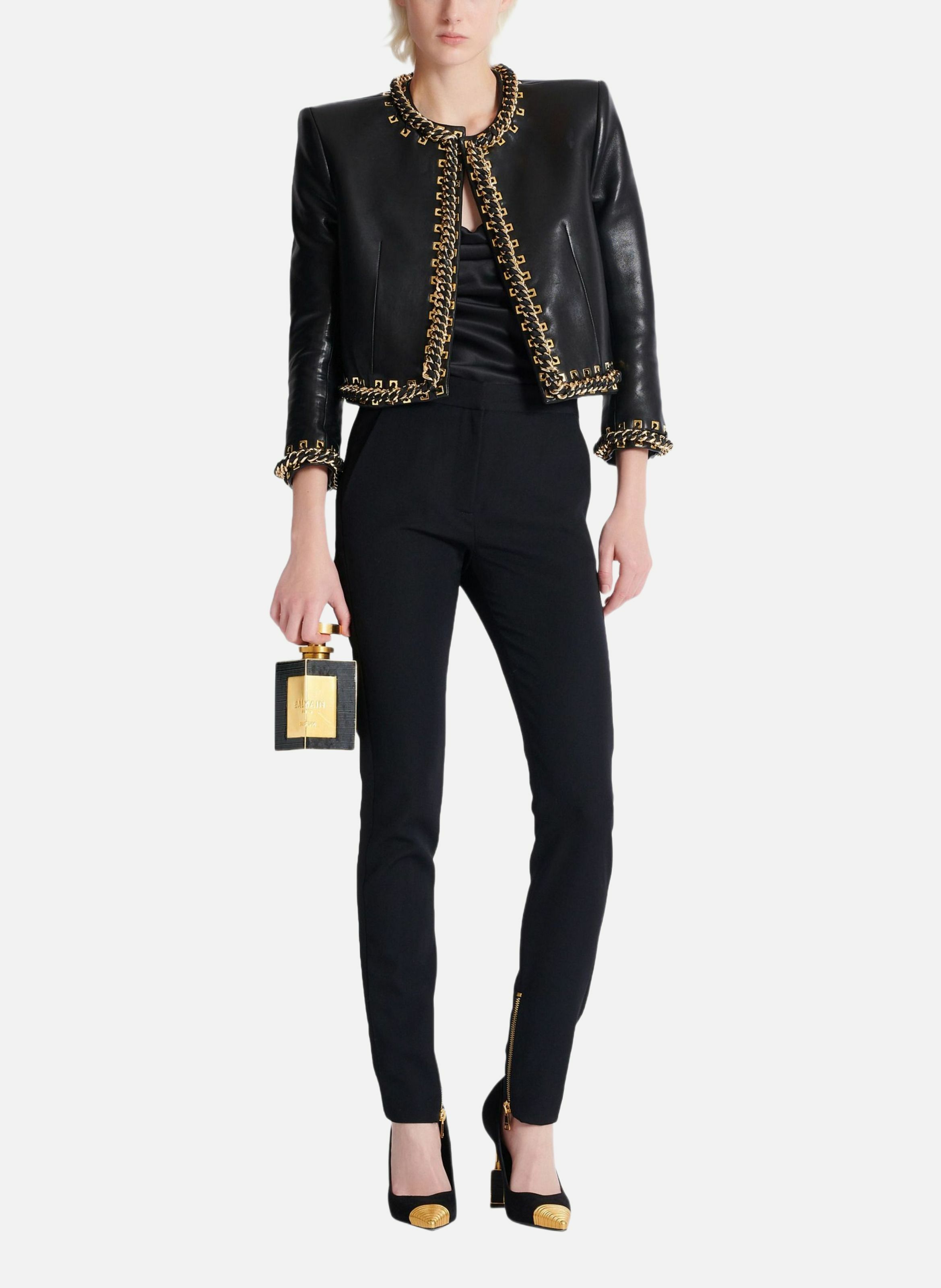 Pantalon slim zippé en grain de poudre BALMAIN Noir