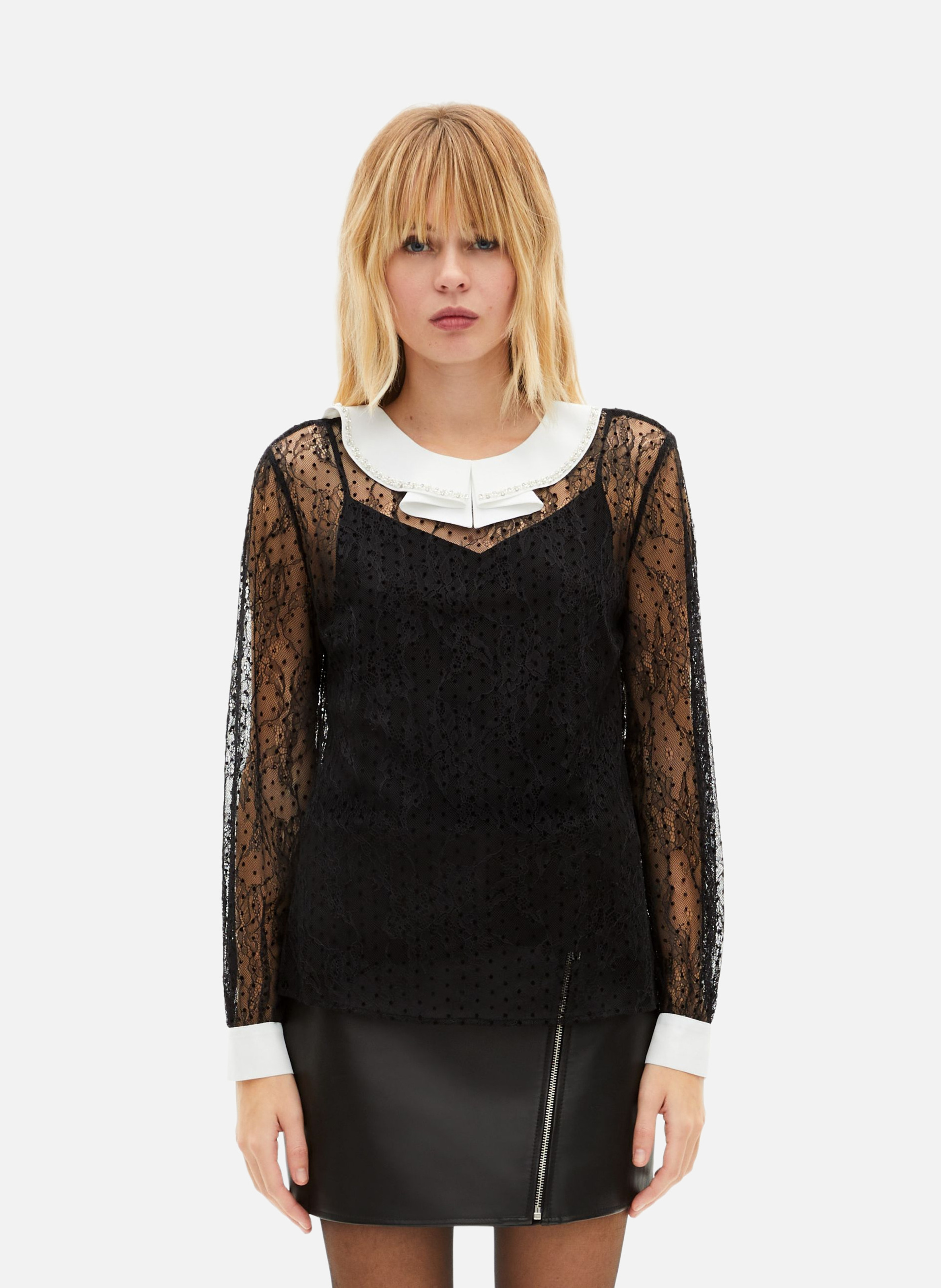 Top en dentelle plumetis avec strass THE KOOPLES Noir