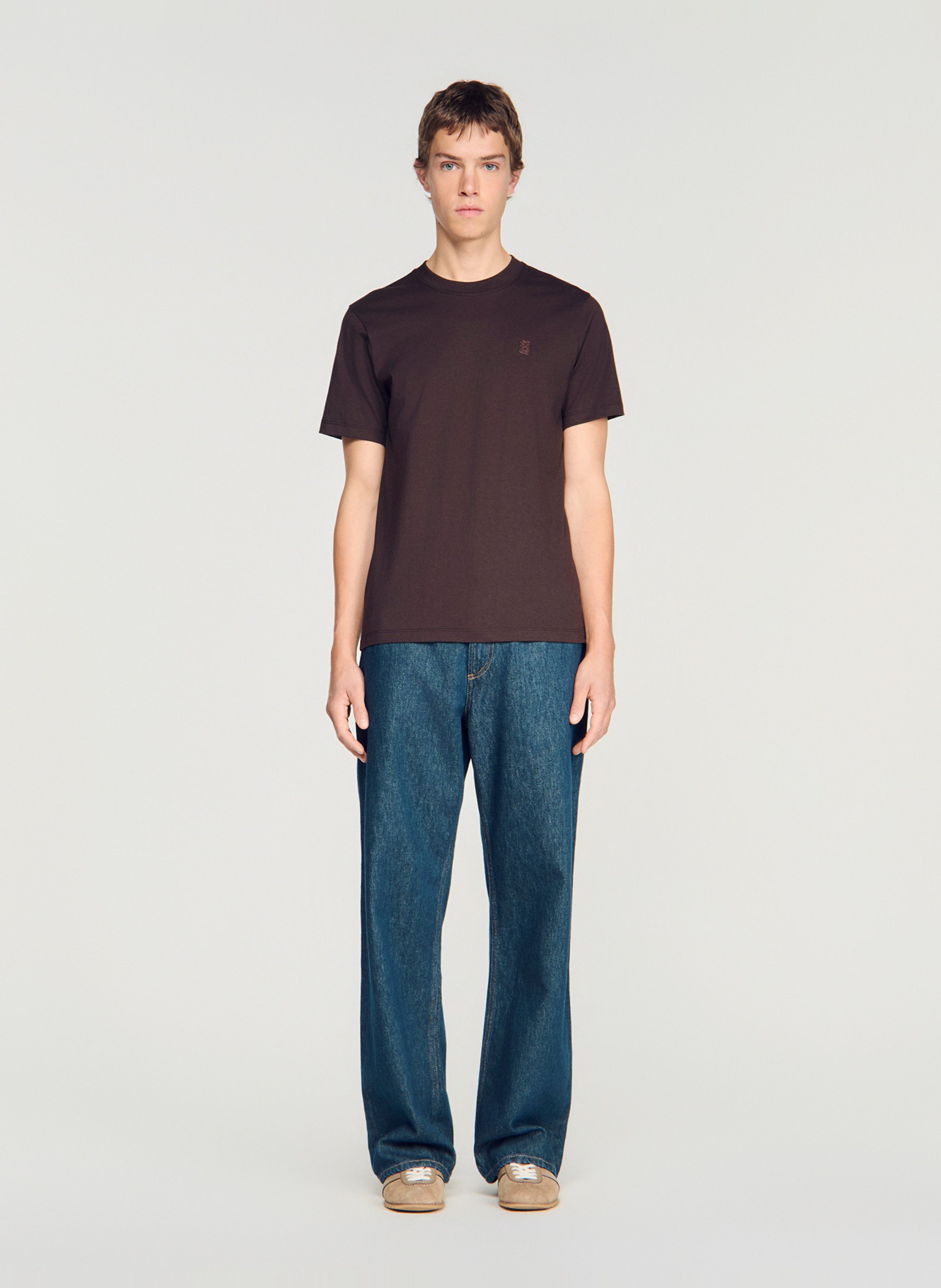 Tee-shirt droit col rond en coton SANDRO Marron