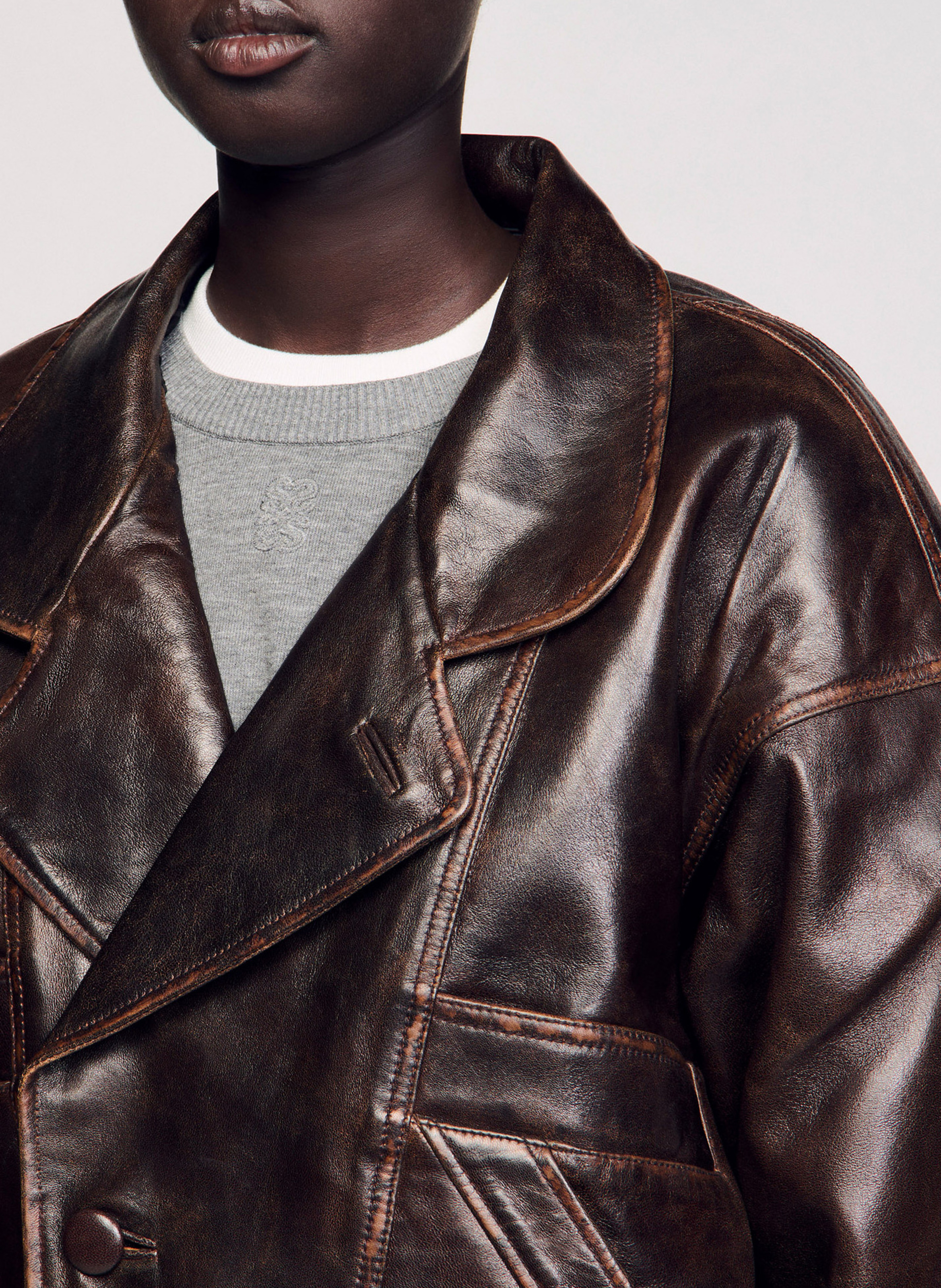 Veste col tailleur en cuir SANDRO Marron