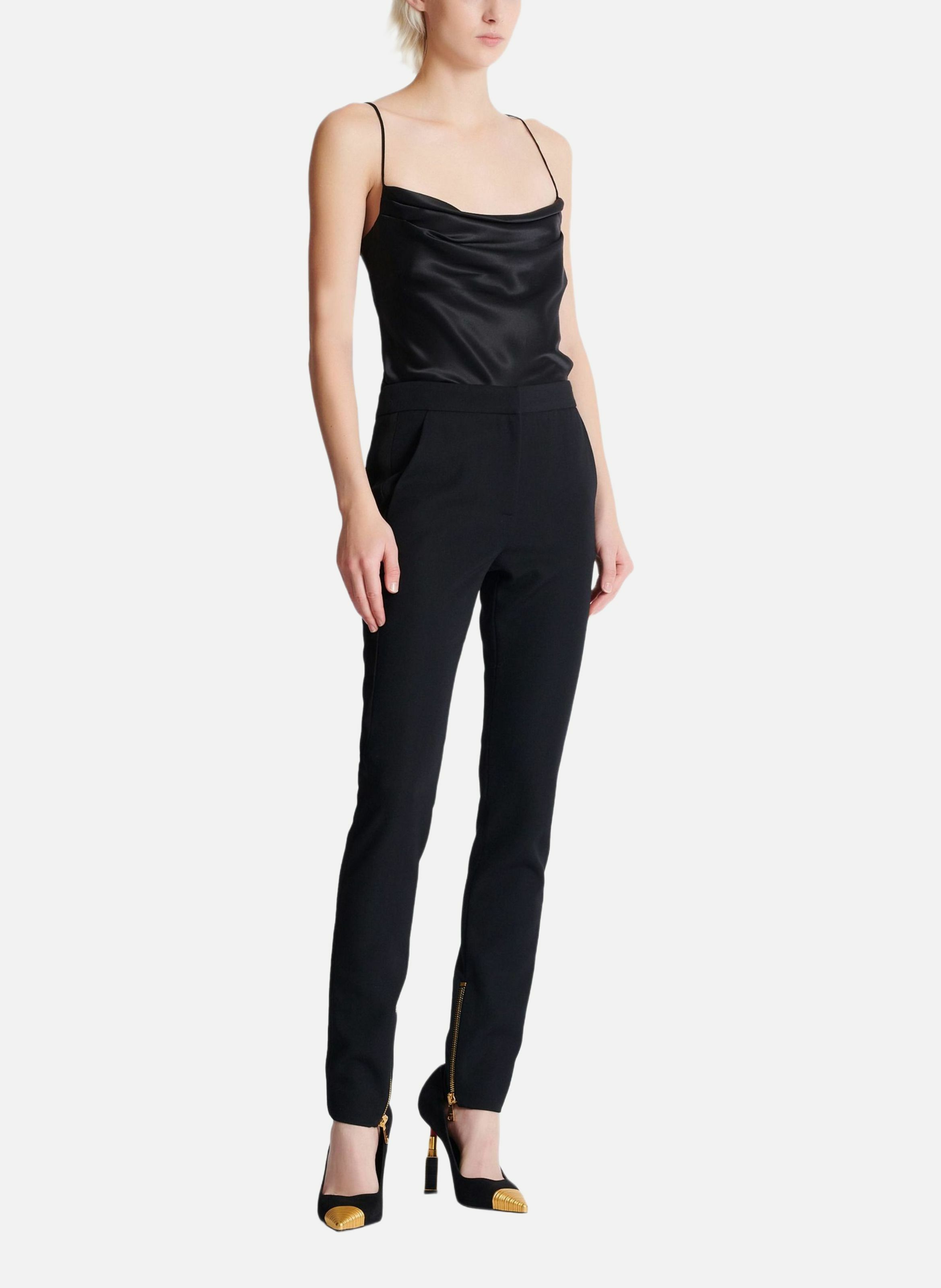 Pantalon slim zippé en grain de poudre BALMAIN Noir