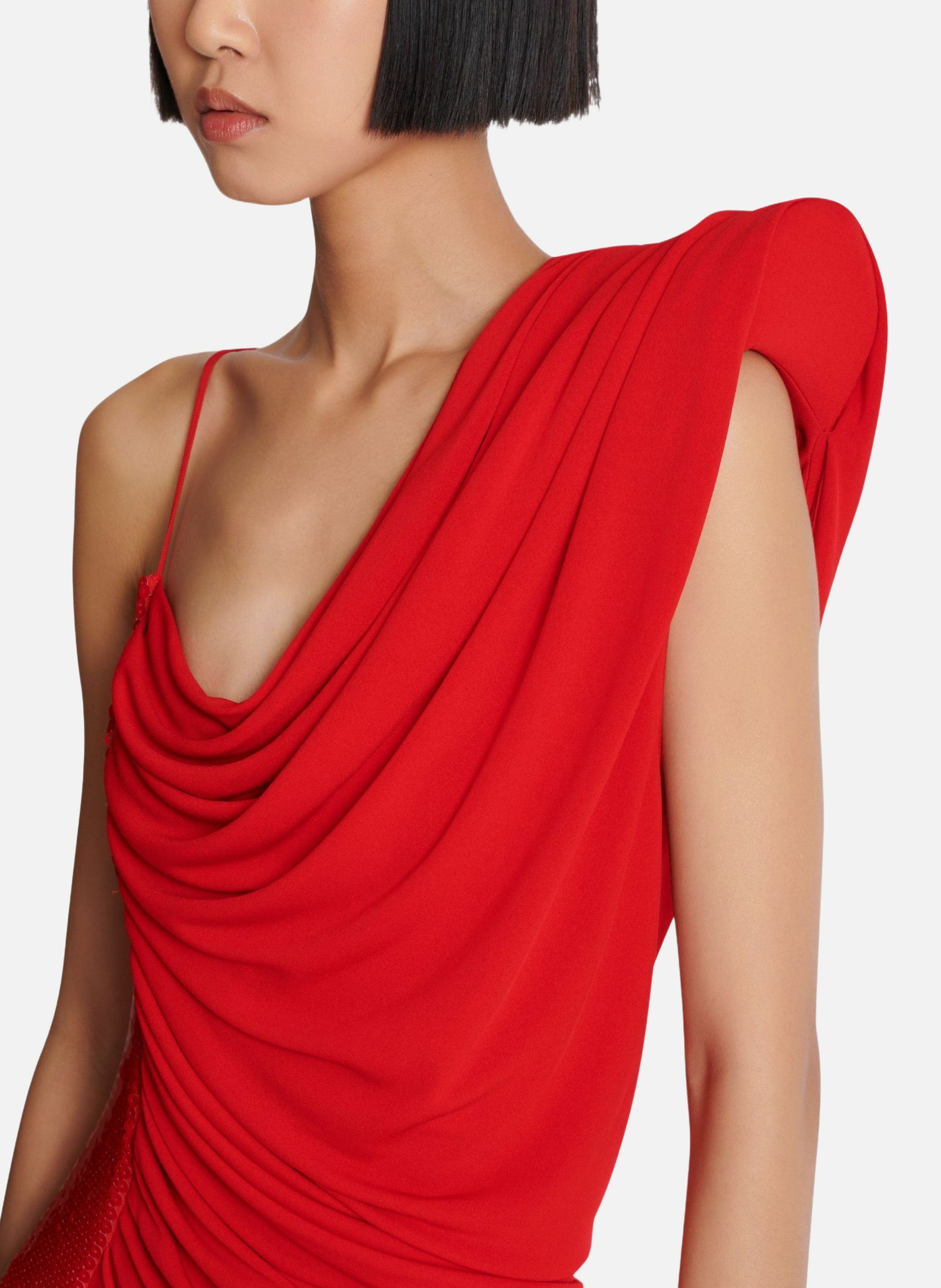 Robe à strass asymétrique et drapée BALMAIN Rouge