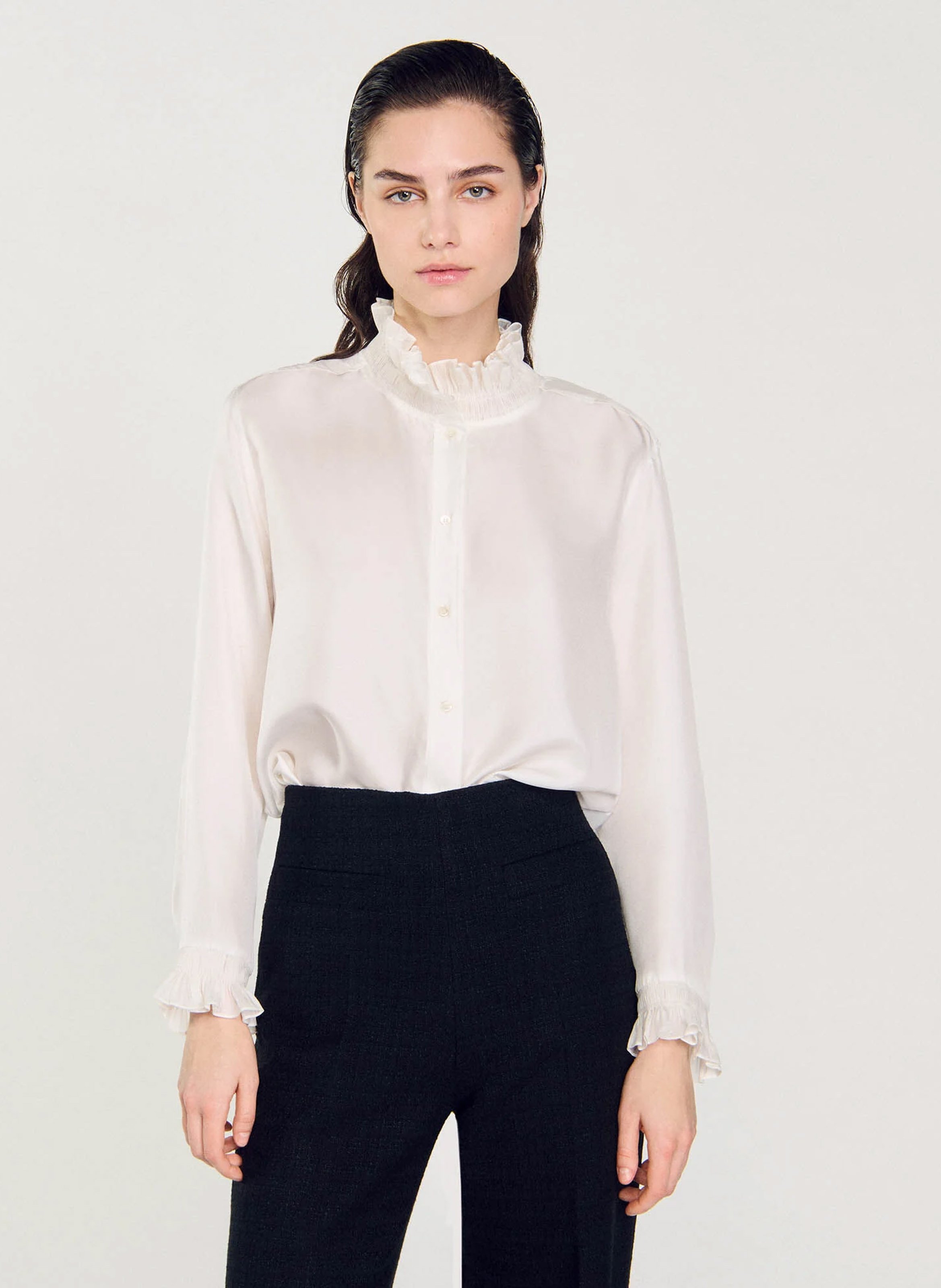 SANDRO Chemise col victorien en soie Blanc