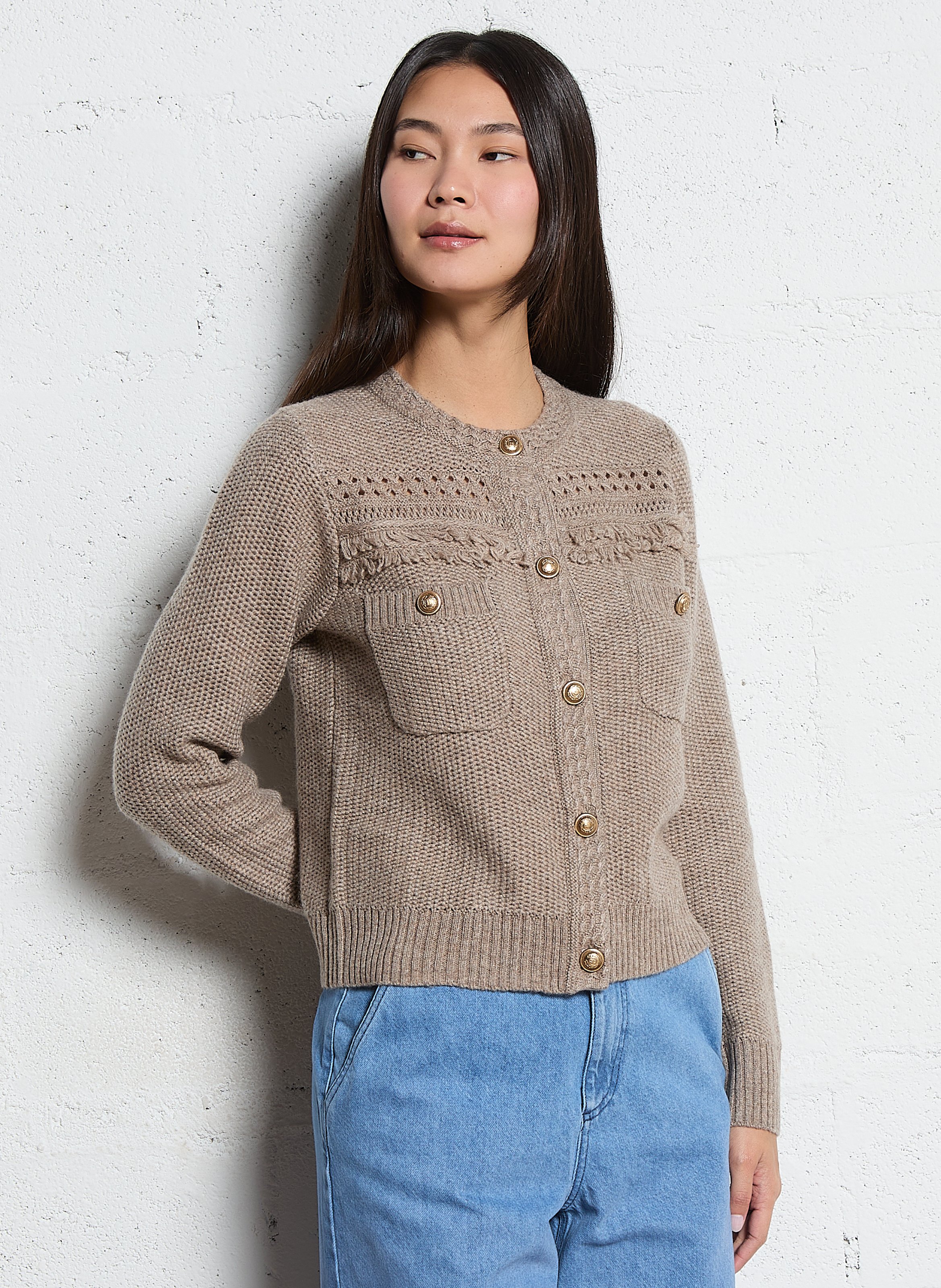 Cardigan court ajusté en maille fantaisie IKKS Beige