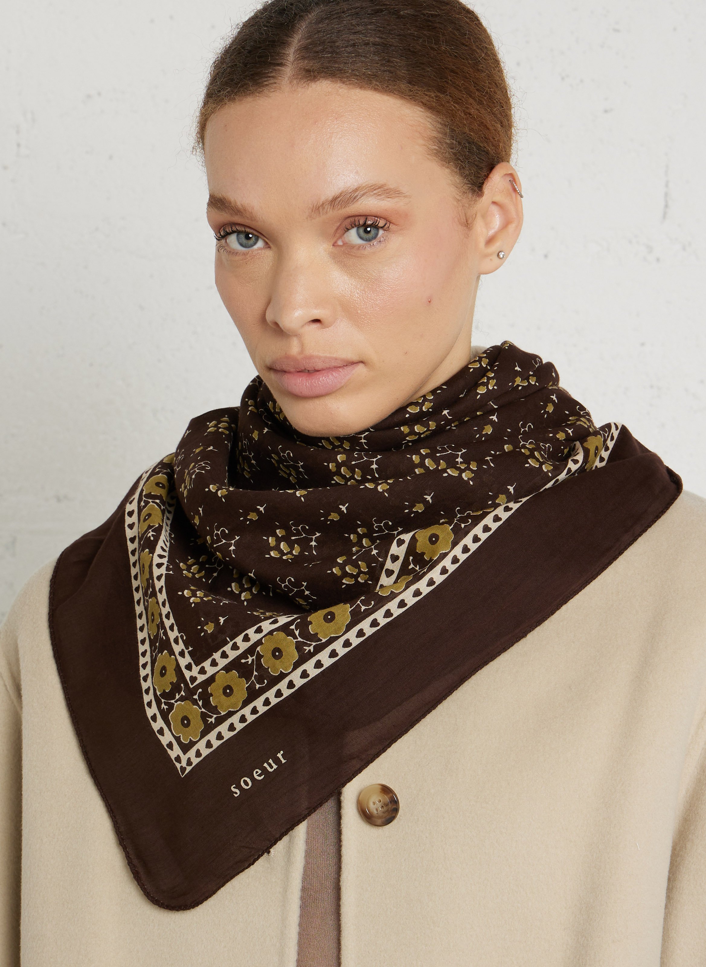 Foulard carré imprimé en coton SOEUR Marron