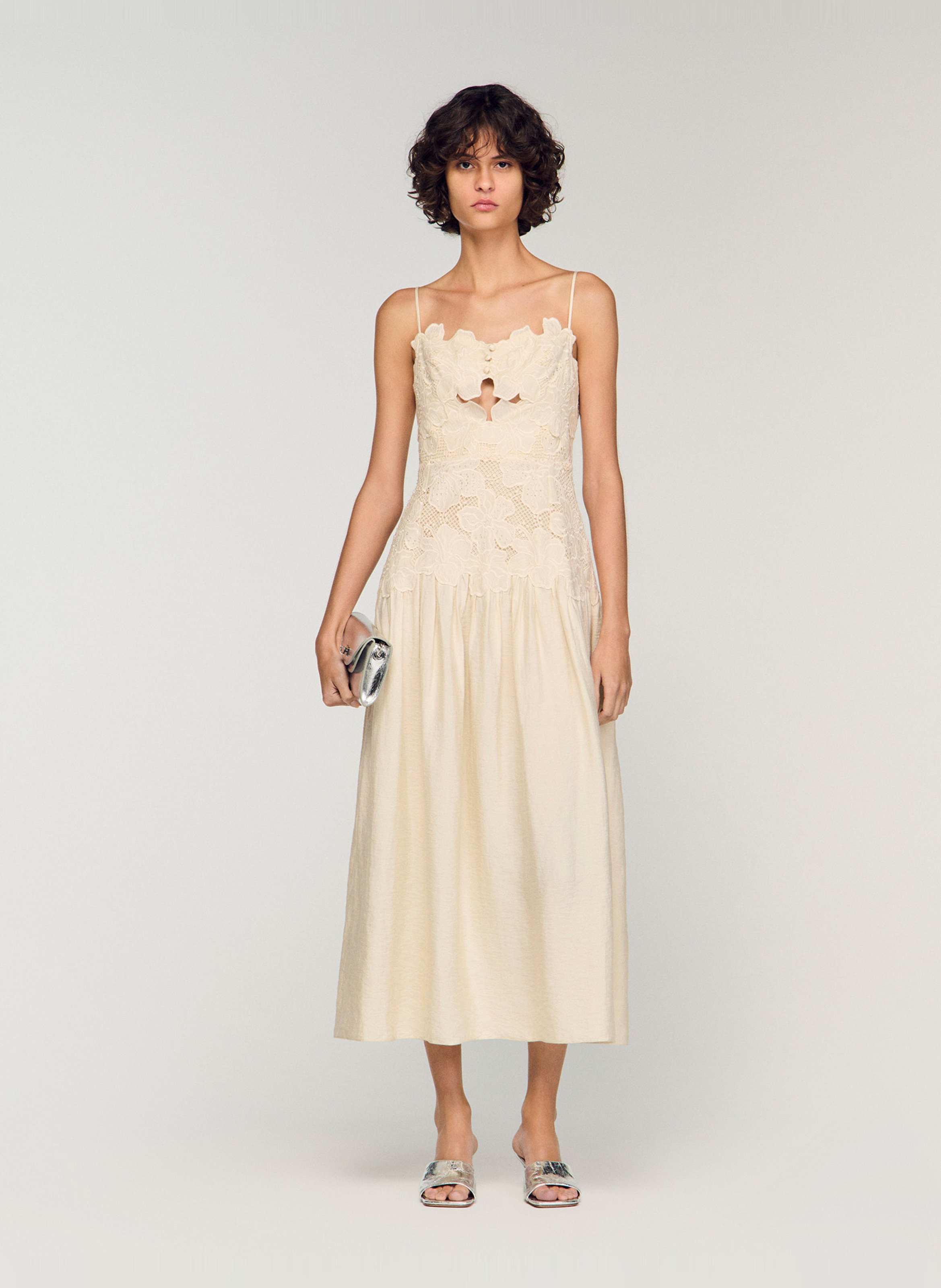 Robe midi cintrée à broderies et strass SANDRO Beige