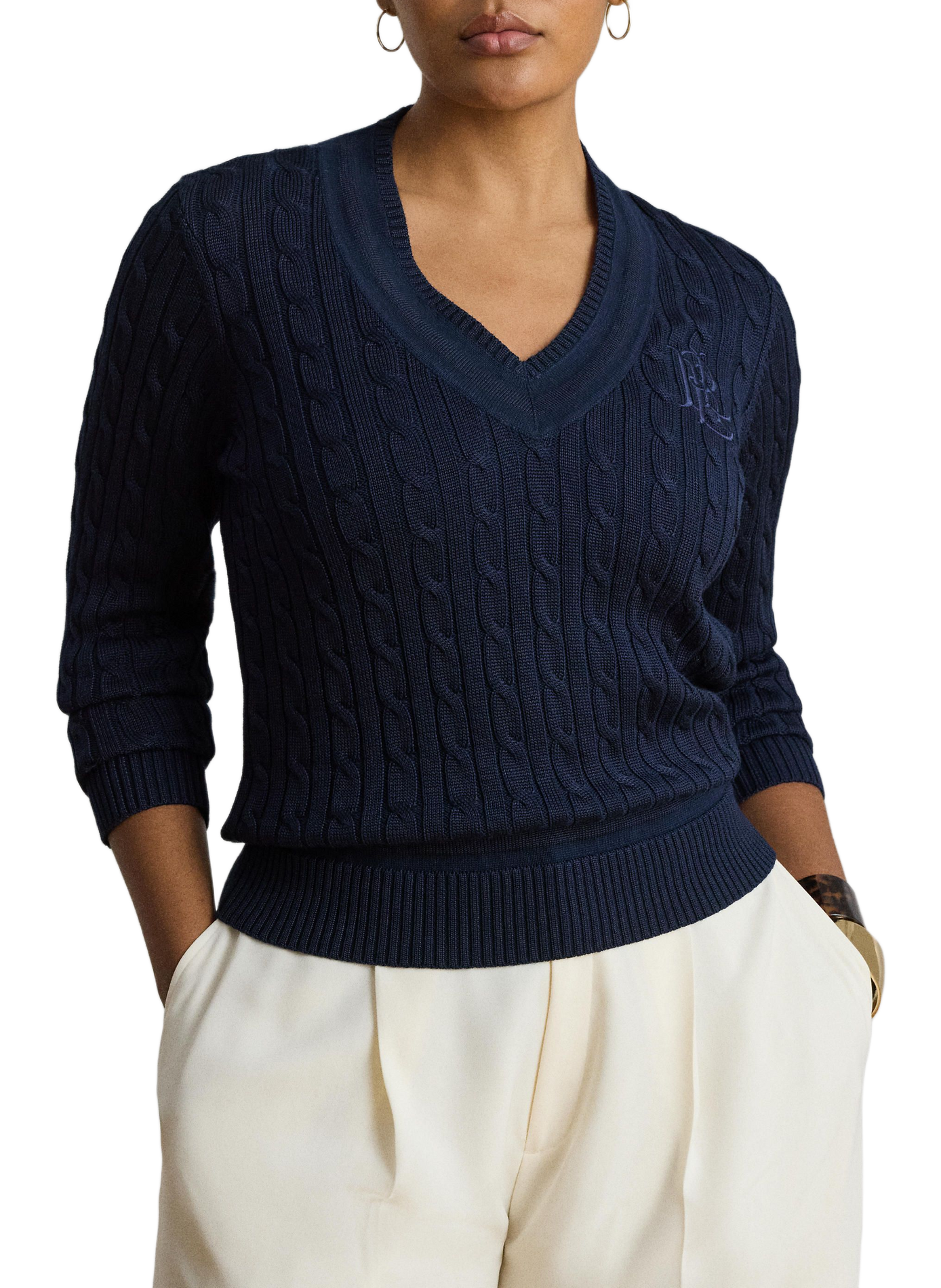 Sweater with embroidered logo in twisted cotton blend knit. LAUREN Blue