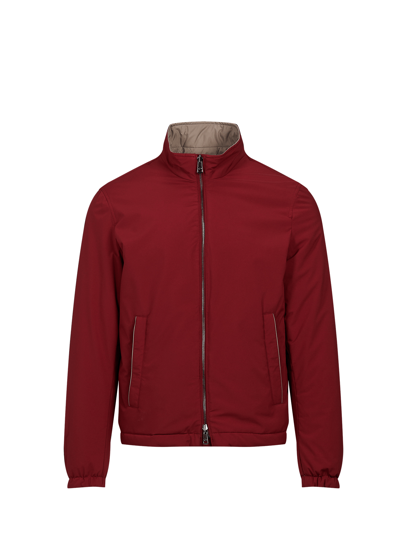 Gerade geschnittene Jacke mit Stehkragen und Reißverschluss.  Red beige