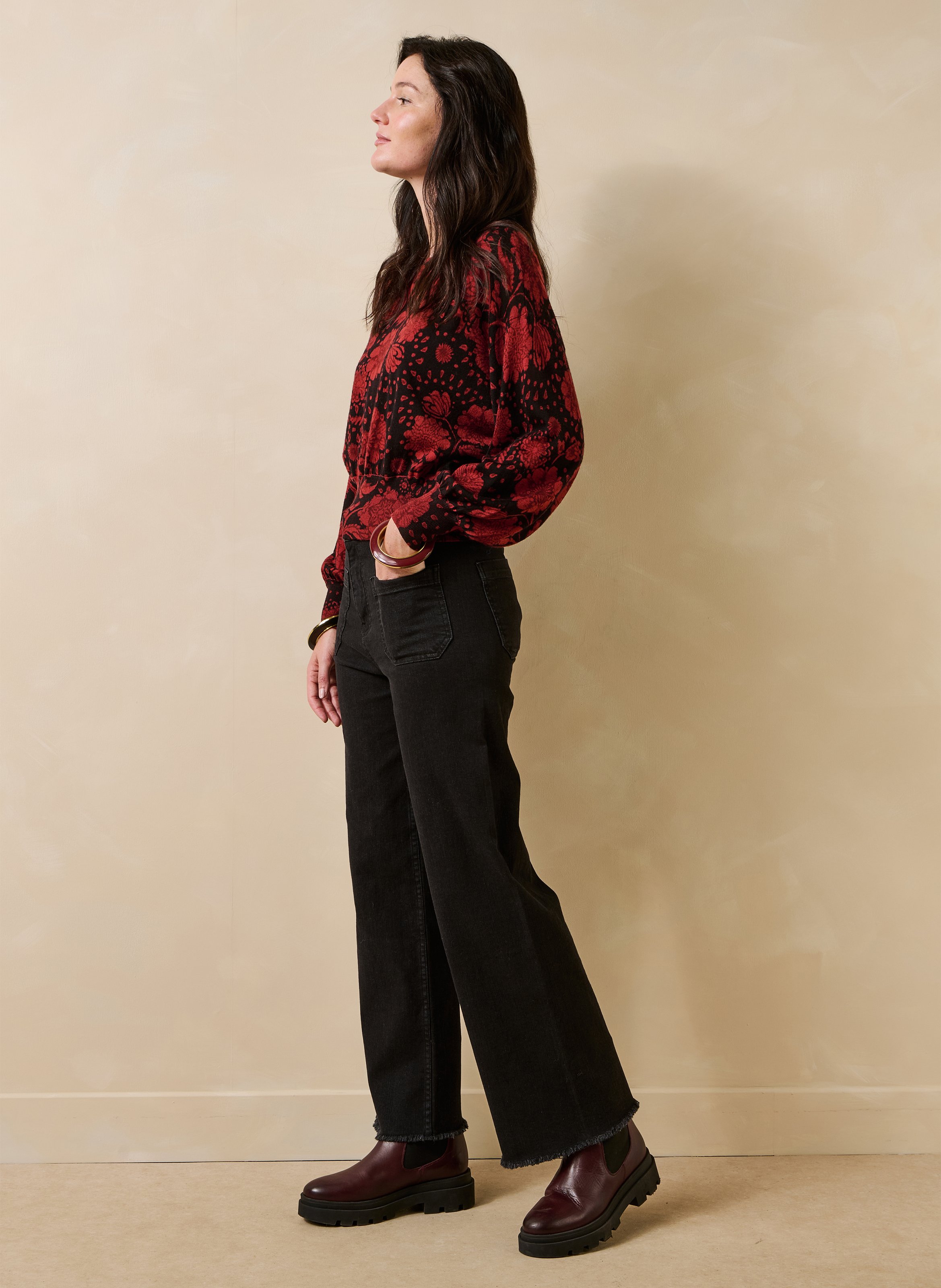 Korte wollen trui met bloemenprint LA FEE MARABOUTEE Rood