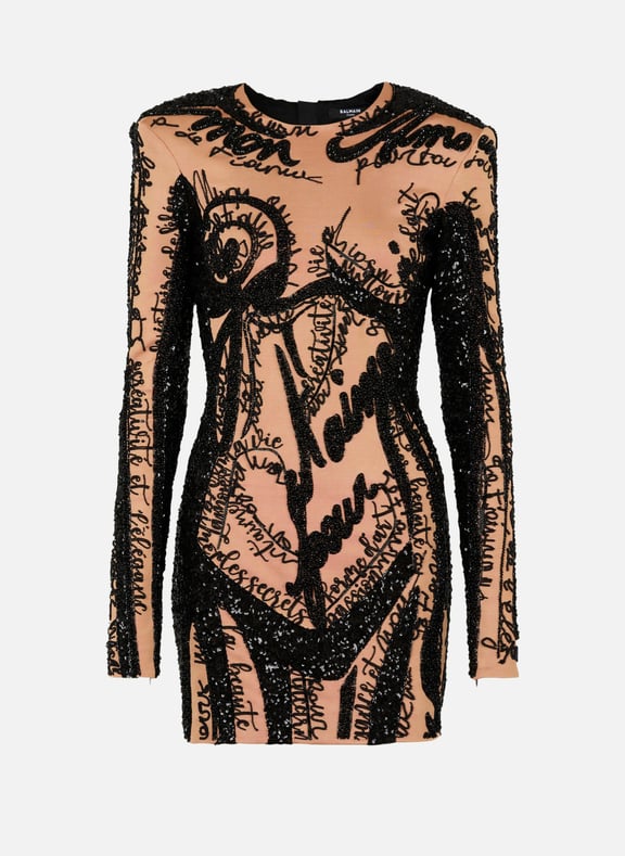 Robe courte brodée à motif trompe-lœil corps Beige by BALMAIN BALMAIN Robe courte brodée à motif trompe-lœil corps Beige