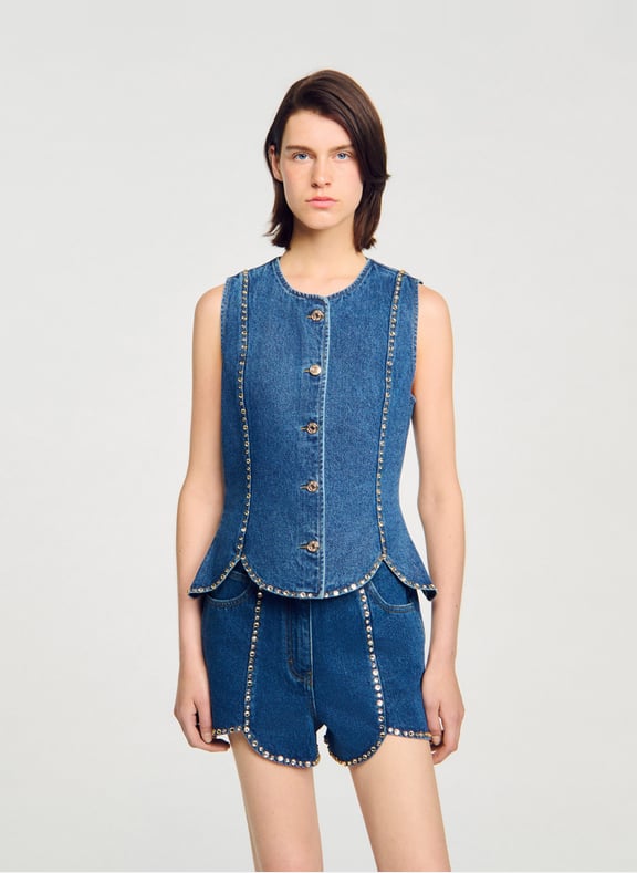 Top col rond en denim de coton Bleu by SANDRO SANDRO Top col rond en denim de coton Bleu