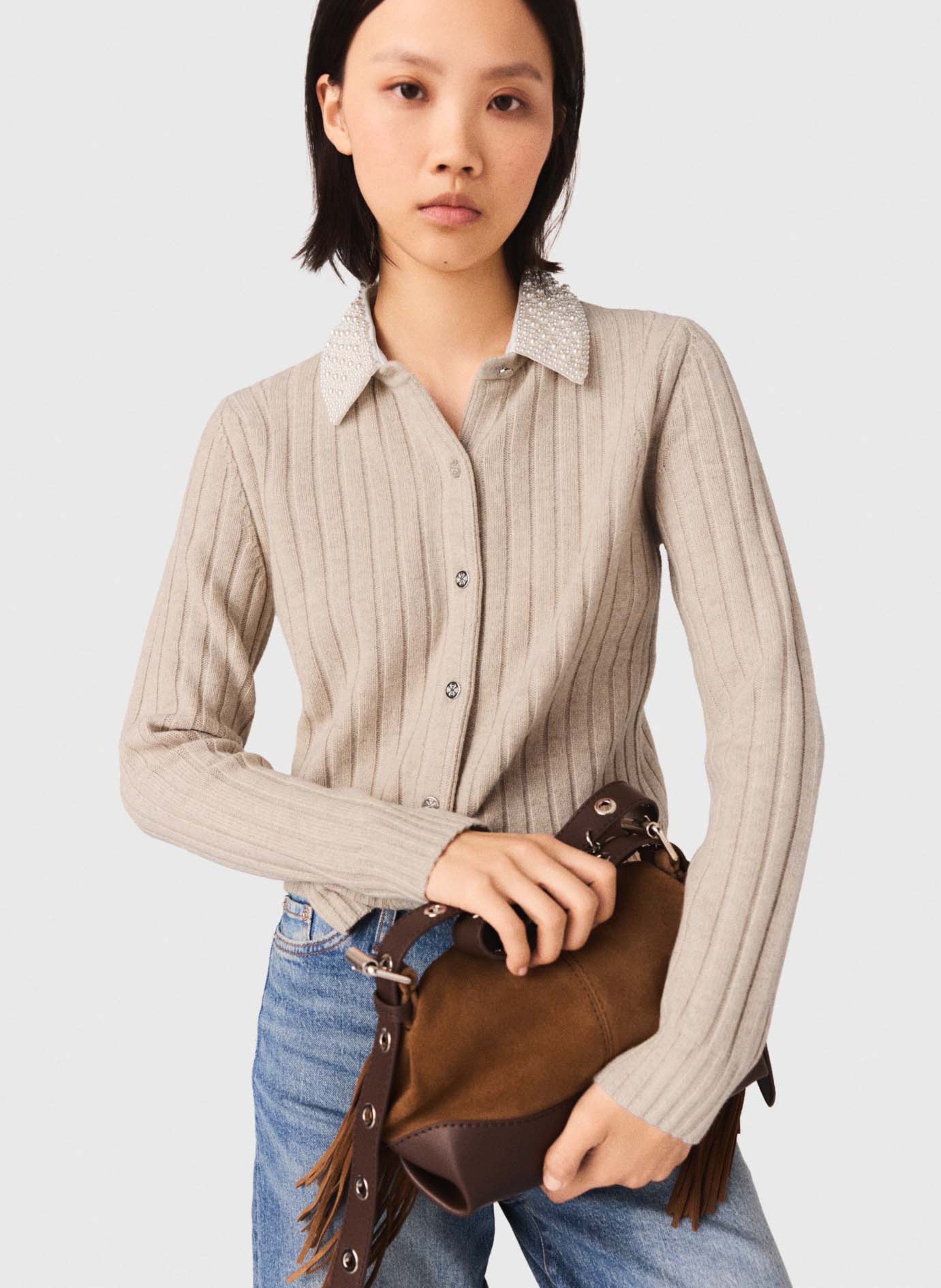 Cardigan droit col amovible en laine mélangée MAJE Beige