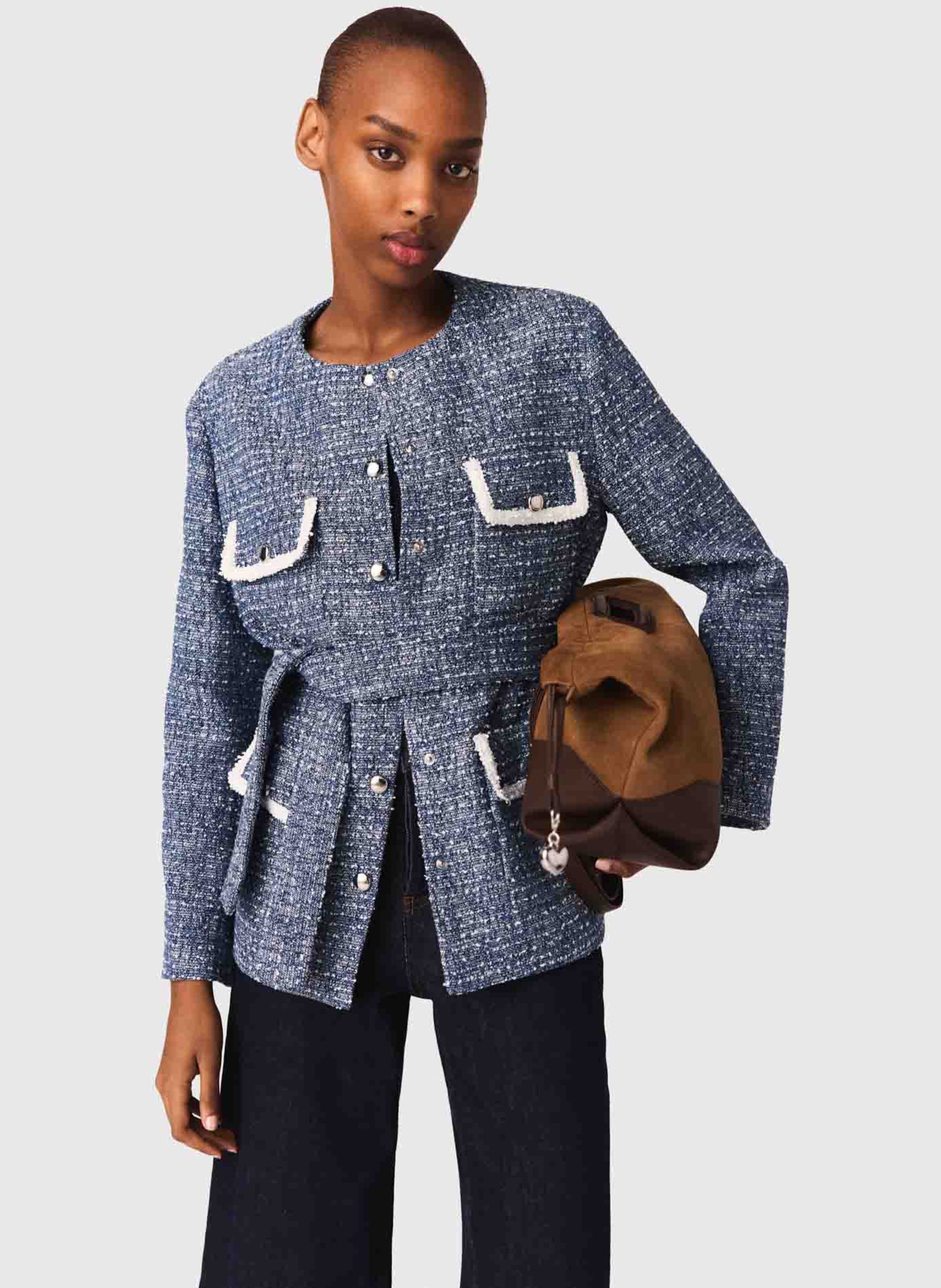 Veste tweed ceinturée en coton mélangé MAJE Bleu