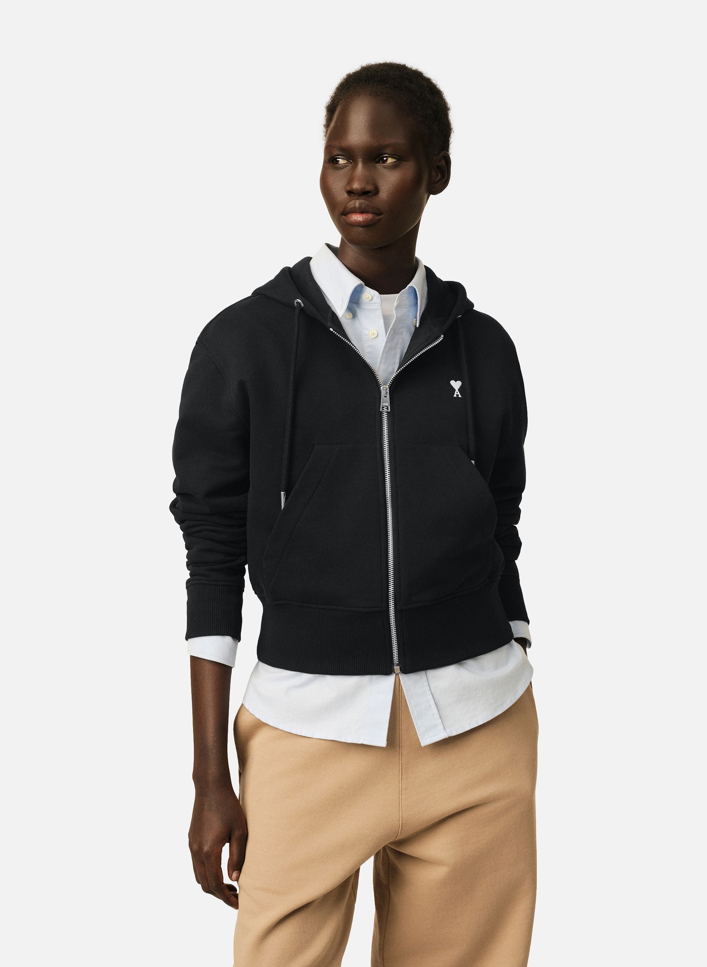 Hoodie zippé en coton ami de coeur AMI PARIS Noir