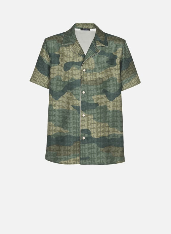 Chemisette en shantung imprimé camouflage monogramme Vert by BALMAIN BALMAIN Chemisette en shantung imprimé camouflage monogramme Vert