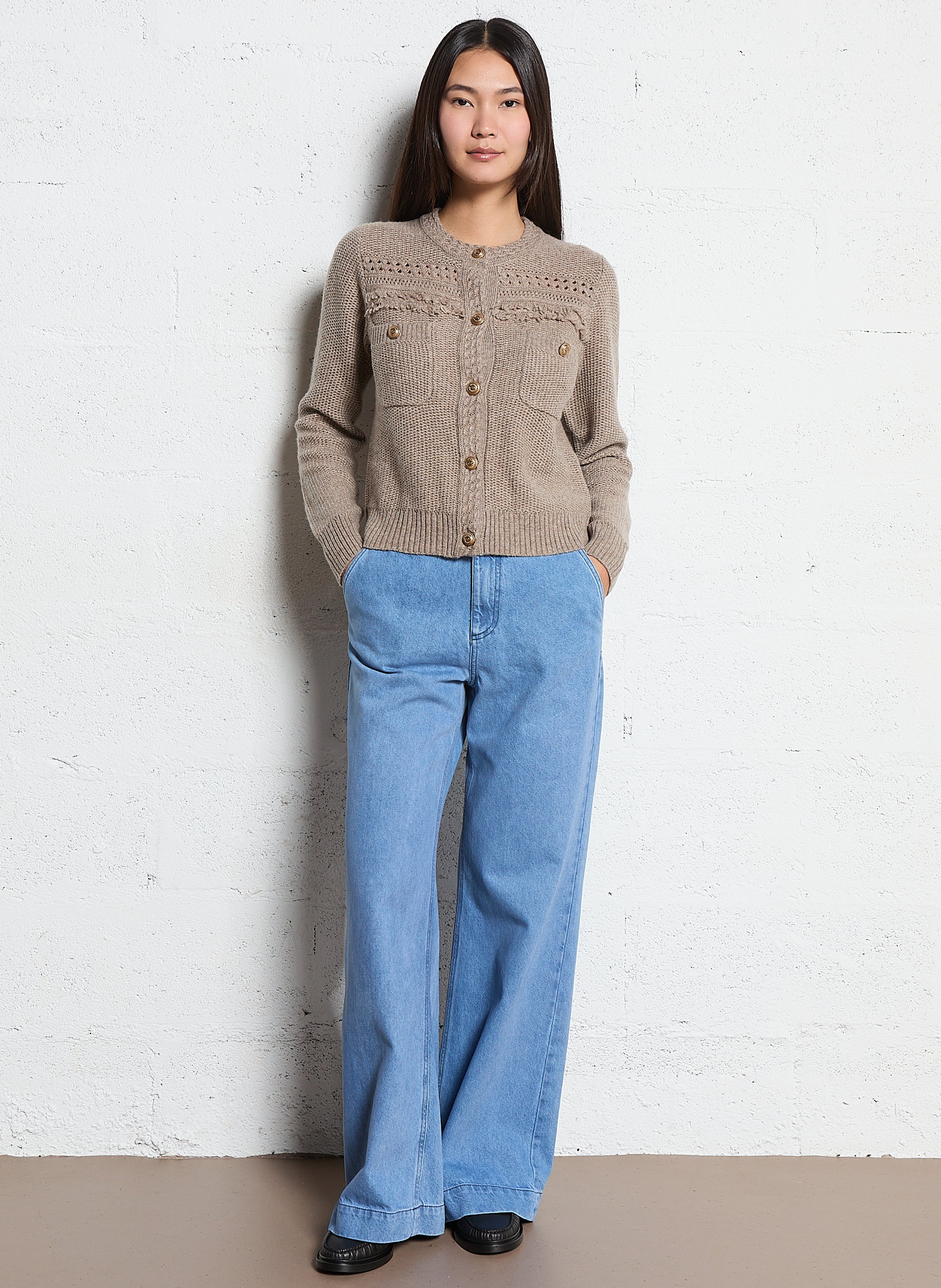 Cardigan court ajusté en maille fantaisie IKKS Beige