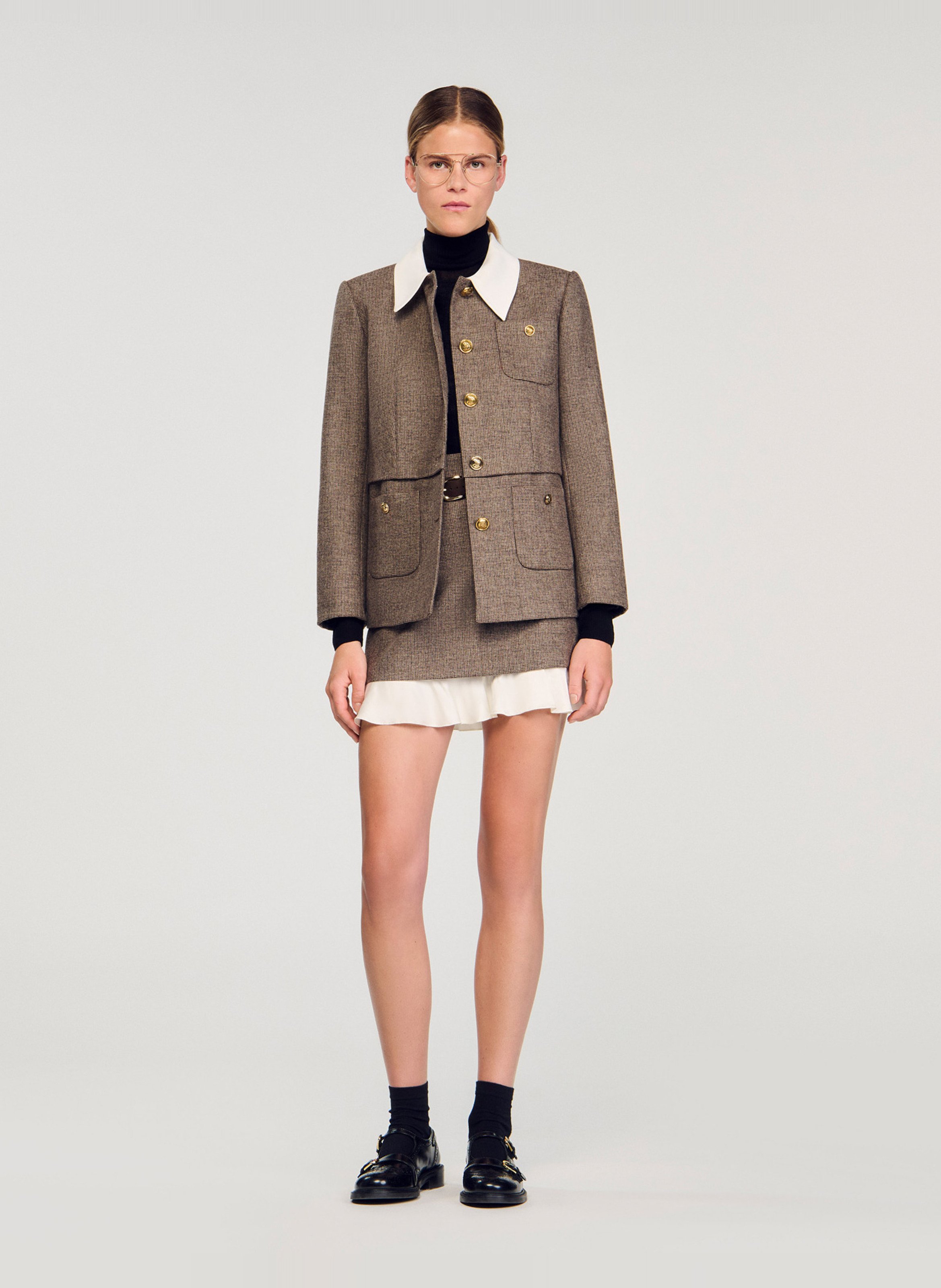 Jupe courte à carreaux en laine mélangée SANDRO Marron