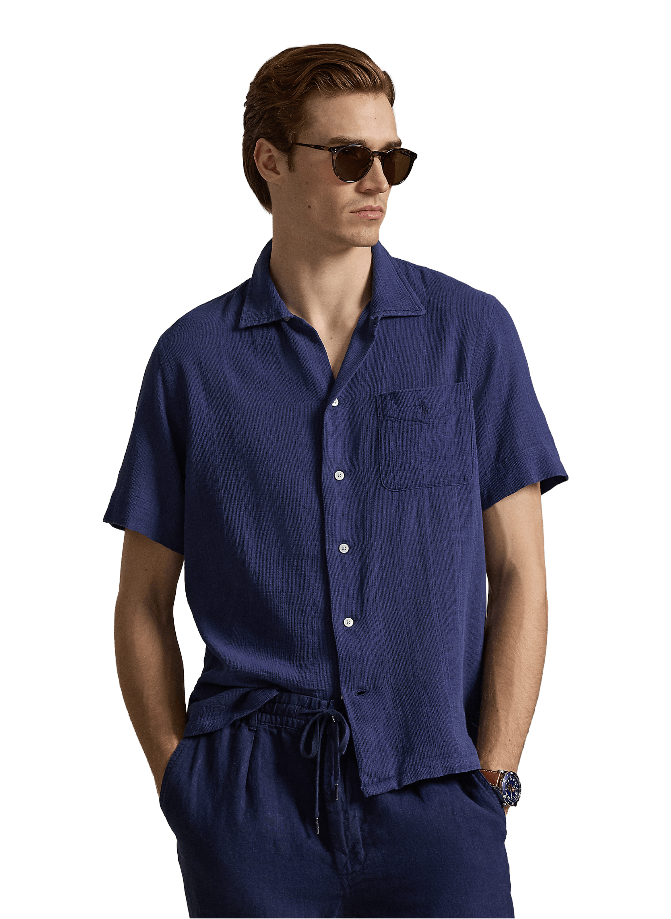 Chemise manches courtes en coton à tissage natté POLO RALPH LAUREN Bleu