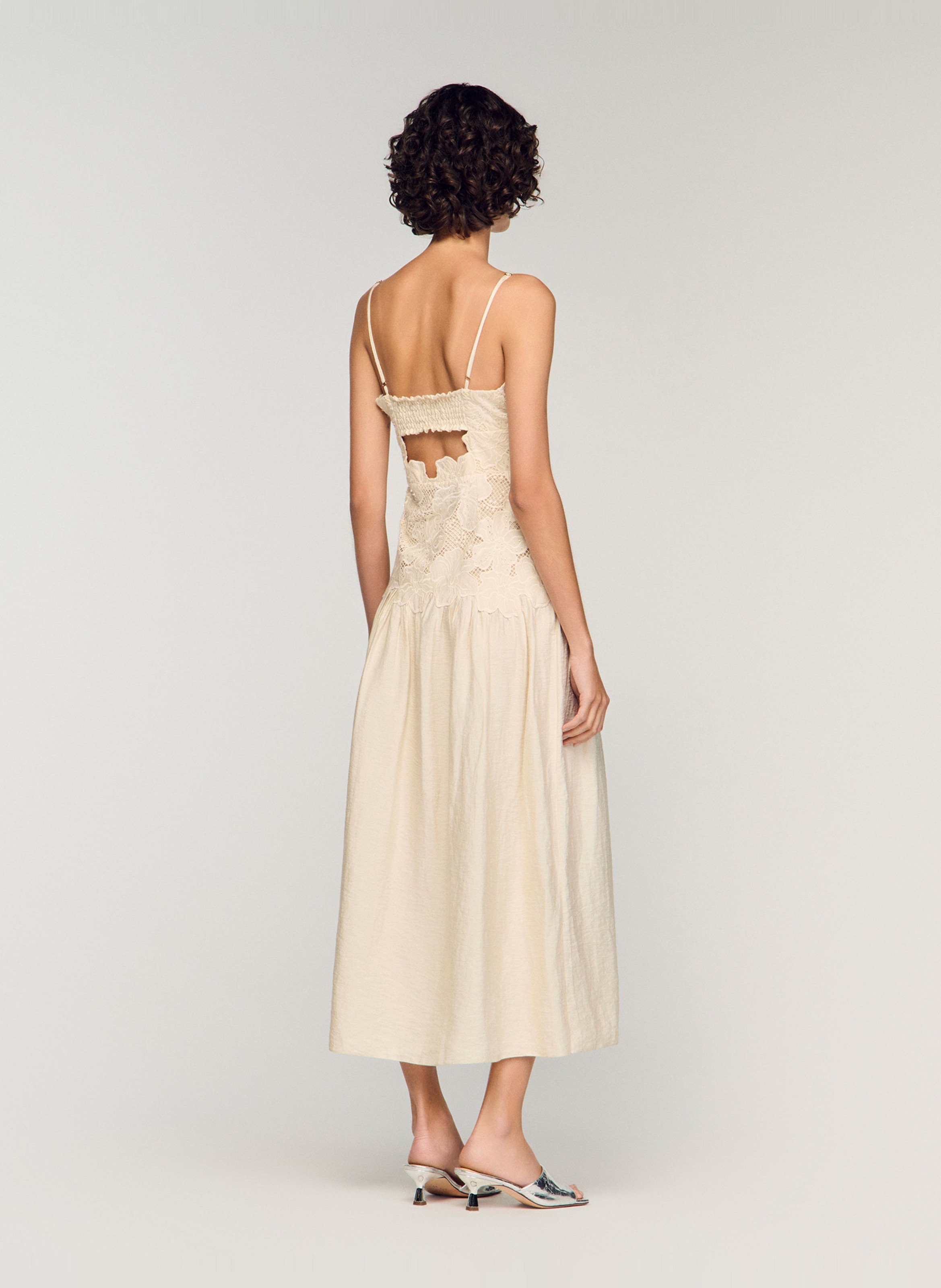 Robe midi cintrée à broderies et strass SANDRO Beige