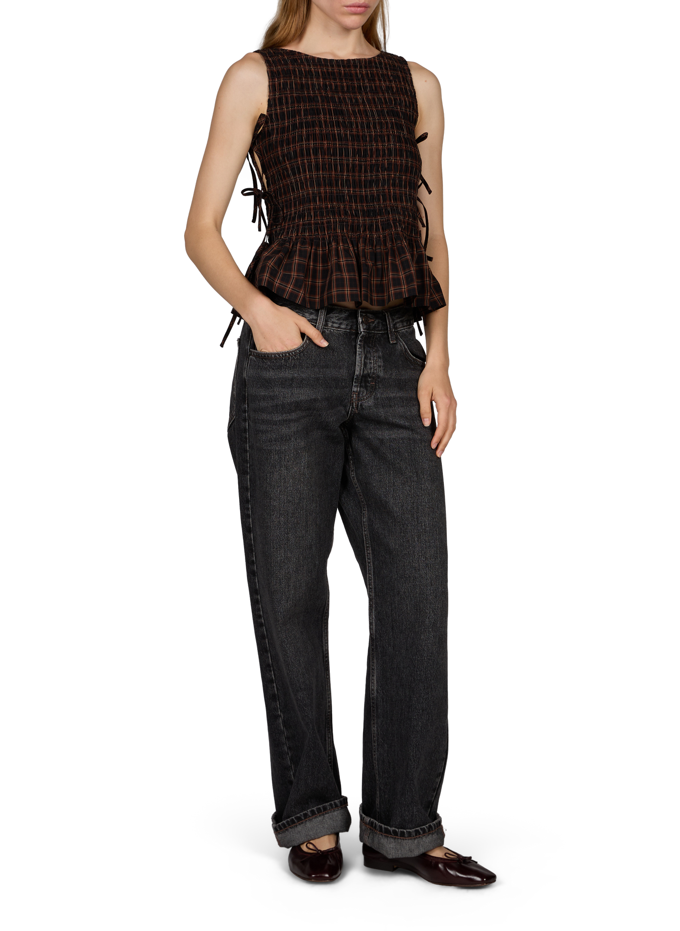 Cotton check shirt GANNI Brown