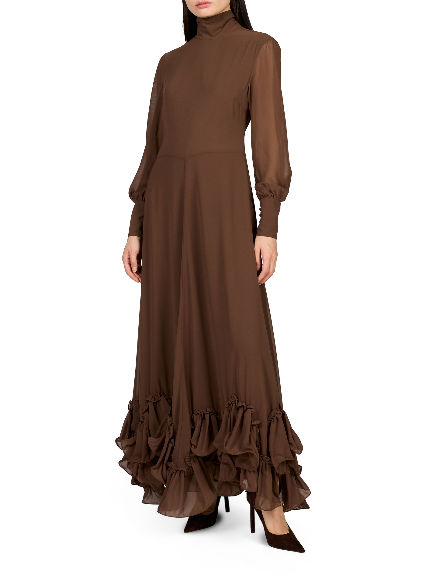 Langes Kleid mit Volants und Stehkragen ROTATE Braun