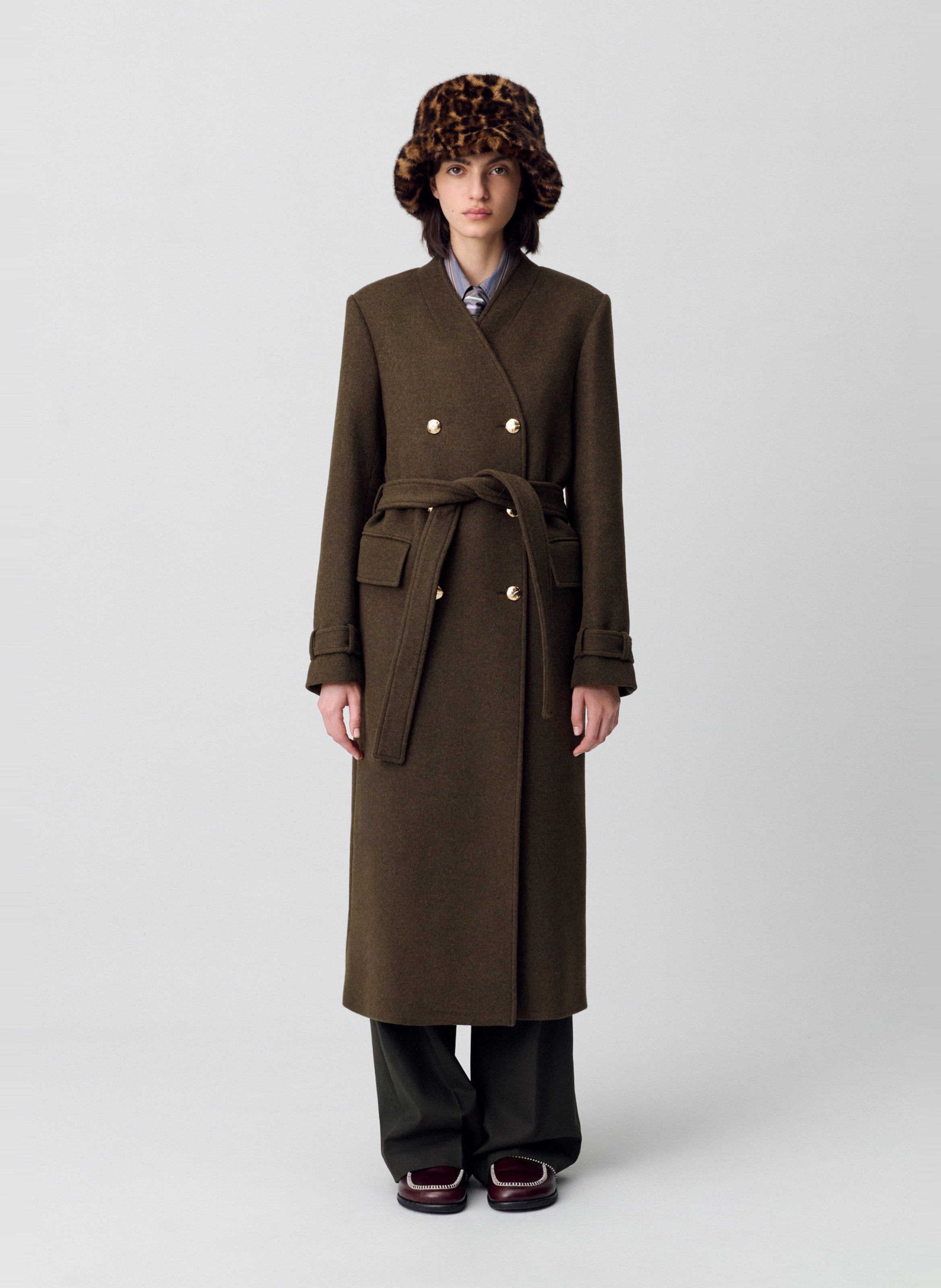 Manteau droit col v en laine mélangée galika CLAUDIE PIERLOT Kaki