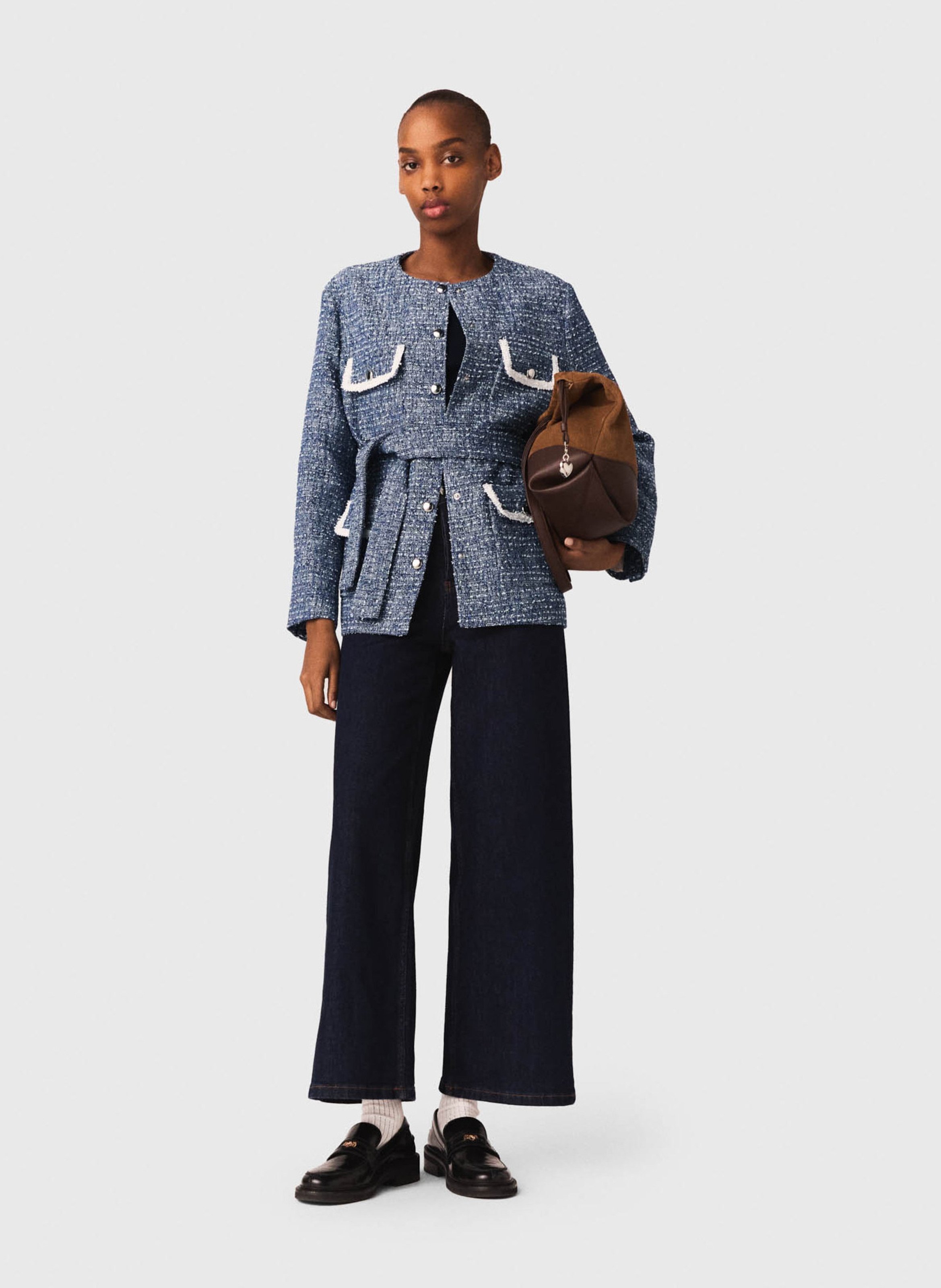 Veste tweed ceinturée en coton mélangé MAJE Bleu