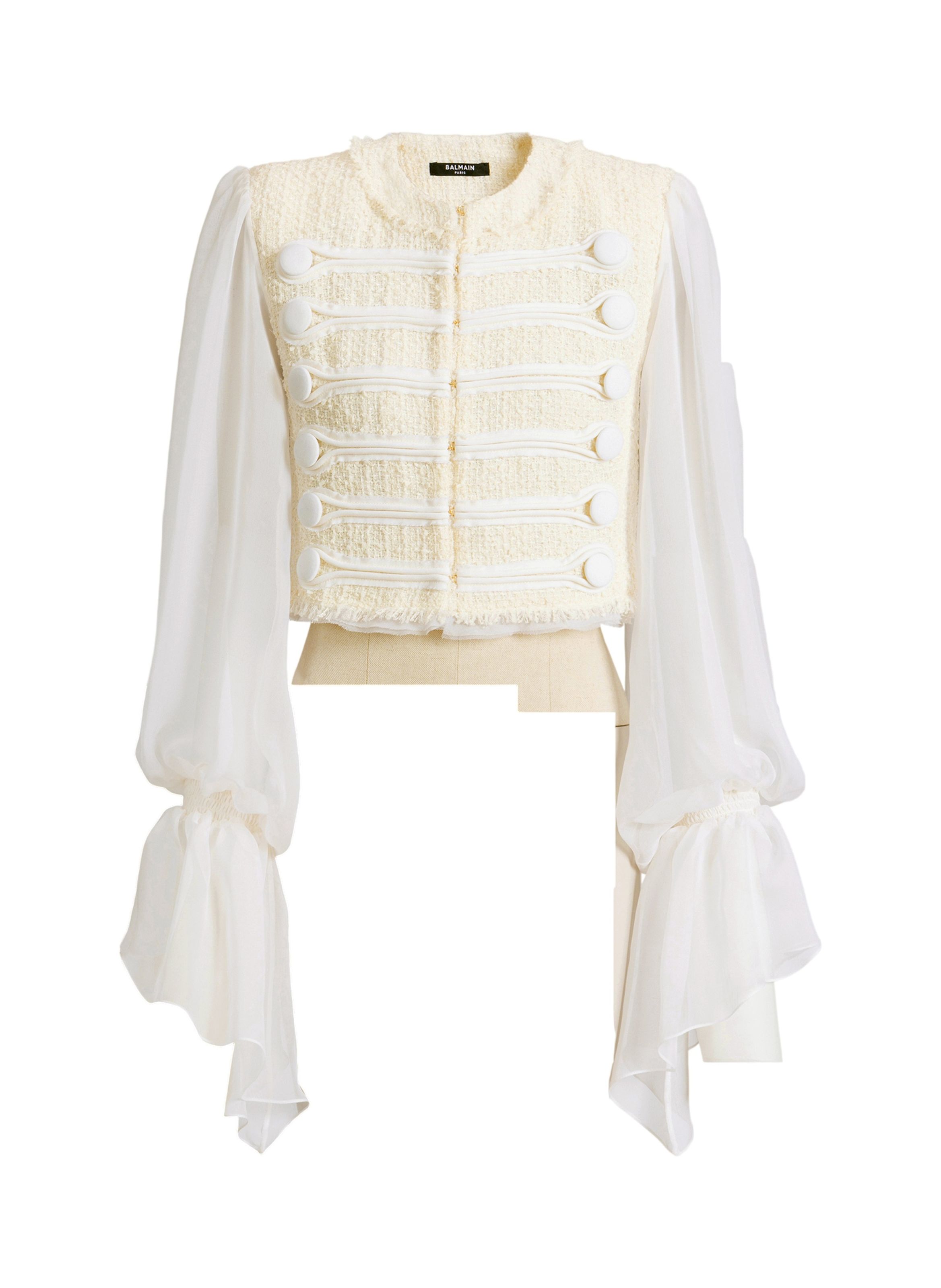 Spencer à brandebourgs en tweed et mousseline BALMAIN Blanc
