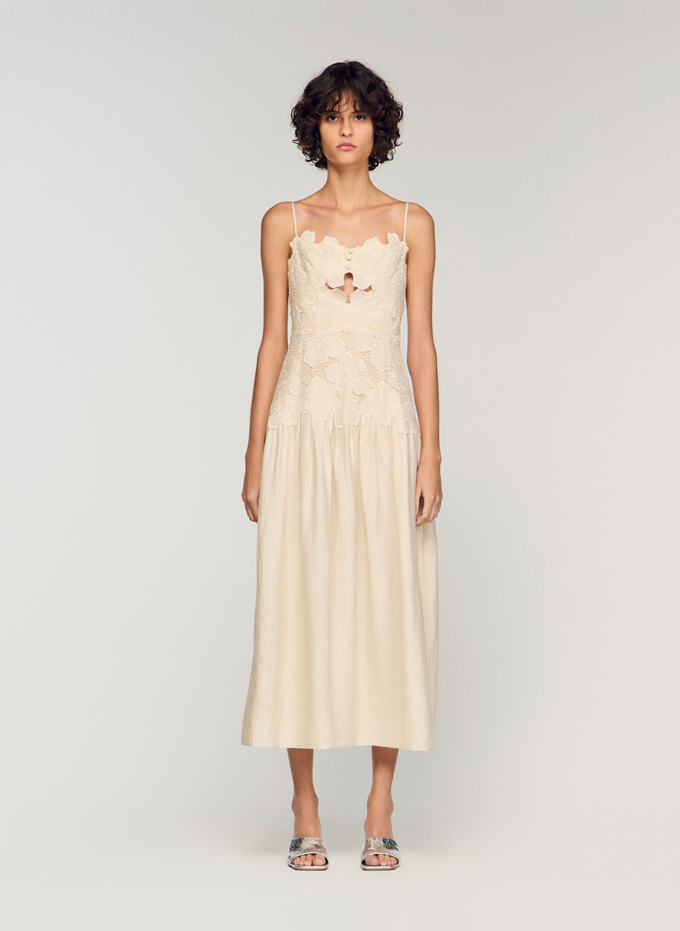 Robe midi cintrée à broderies et strass SANDRO Beige