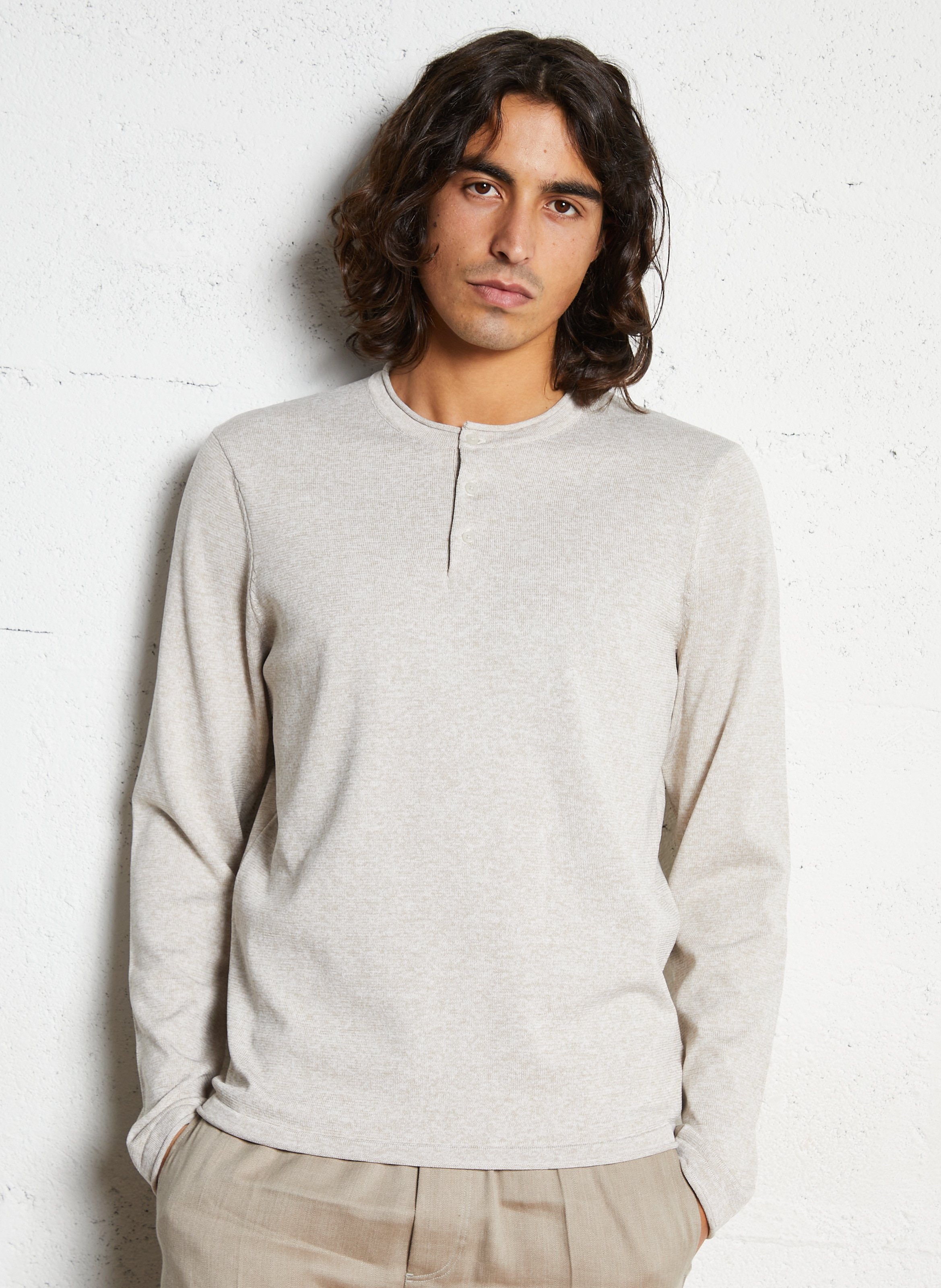 Pull droit col tunisien chiné IKKS Beige
