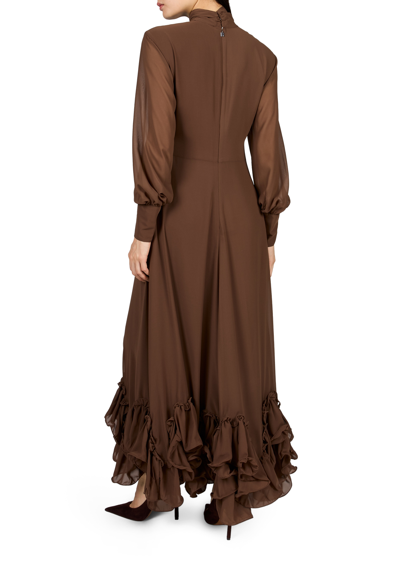 Langes Kleid mit Volants und Stehkragen ROTATE Braun