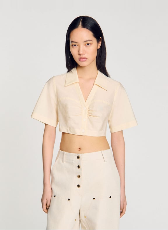 Chemise ajustée col classique en coton mélangé Beige by SANDRO SANDRO Chemise ajustée col classique en coton mélangé Beige