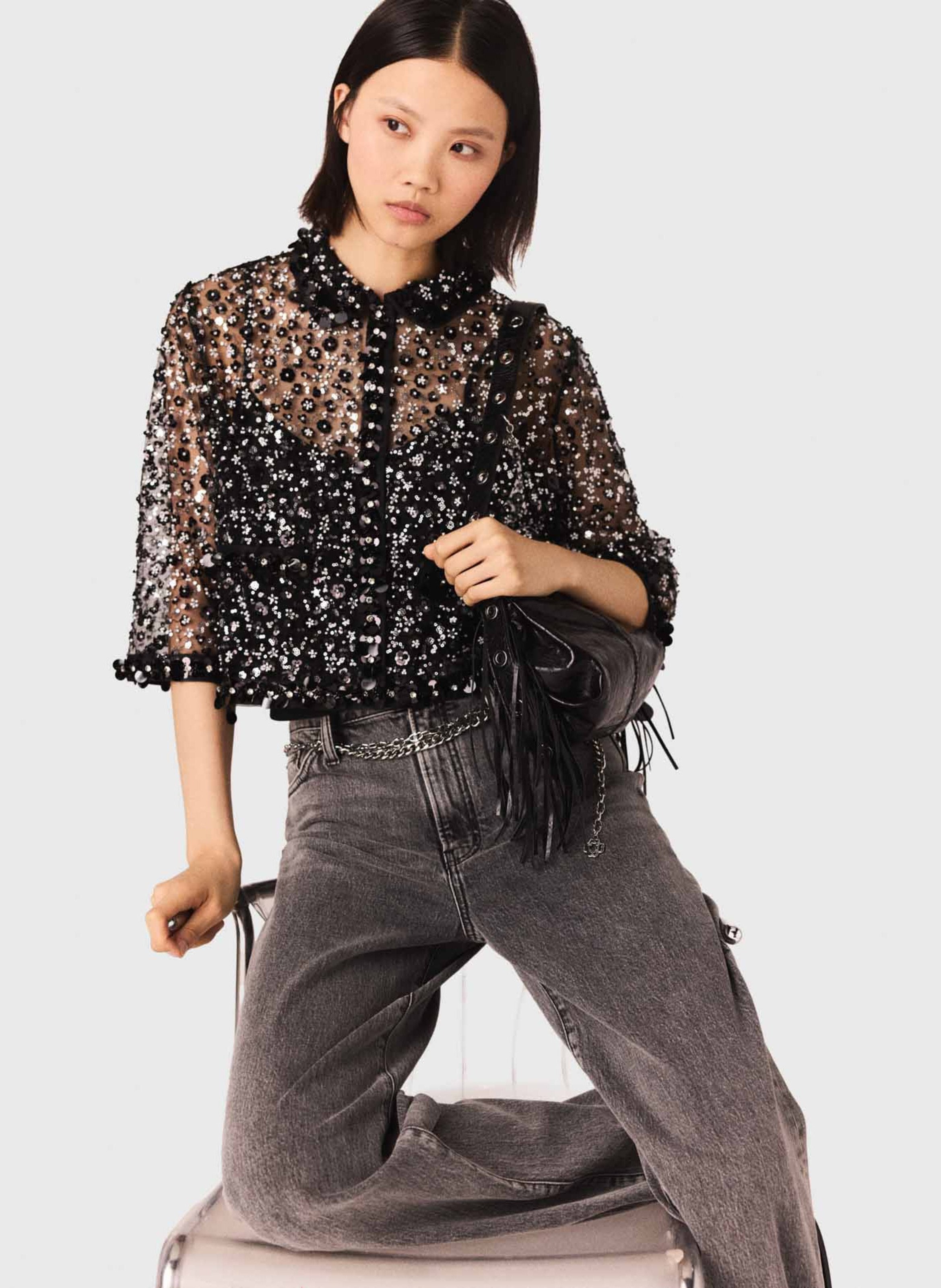 Top col classique en tulle brodé MAJE Noir