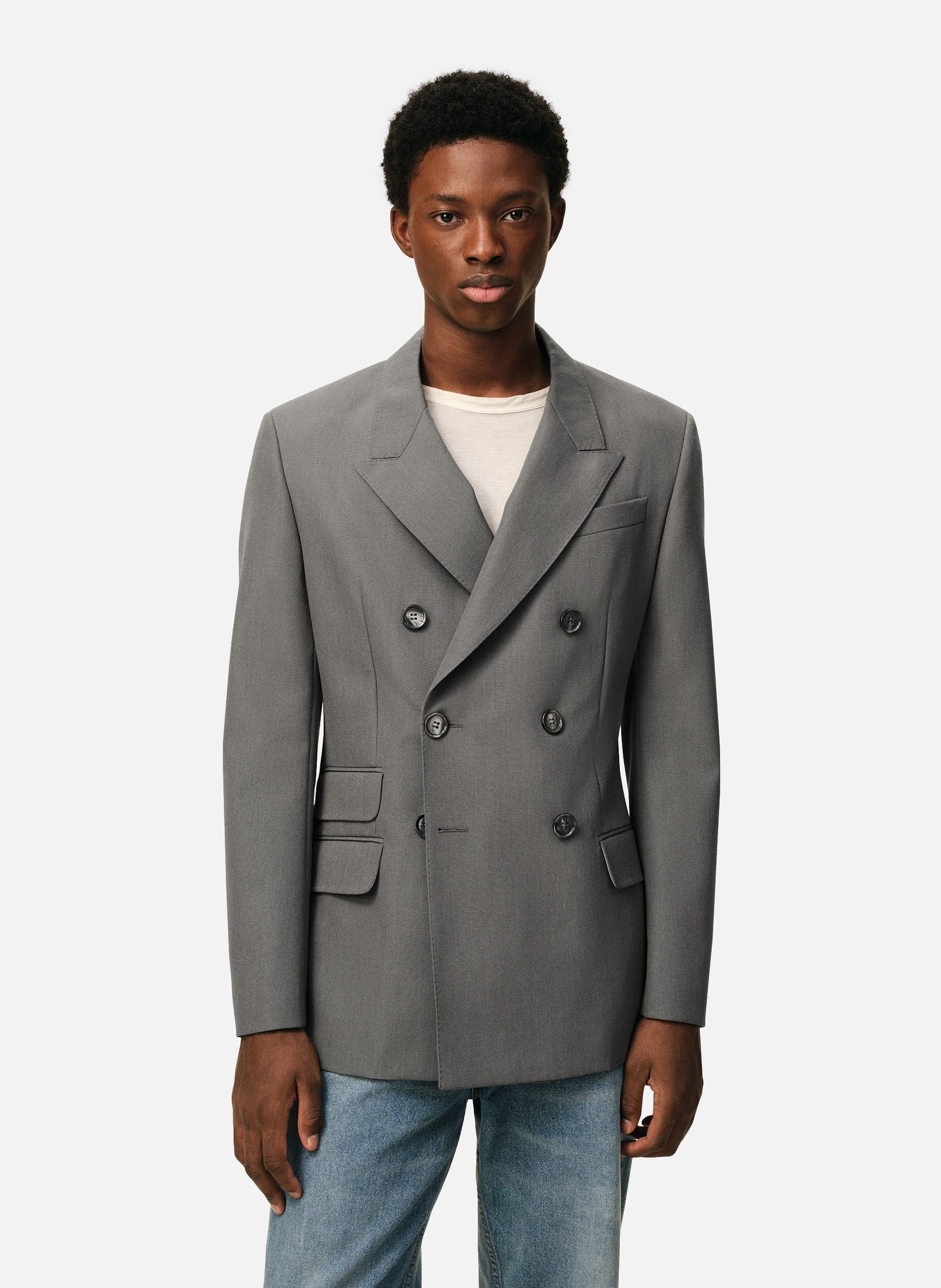 Veste droite double boutonnage en laine vierge AMI PARIS Gris