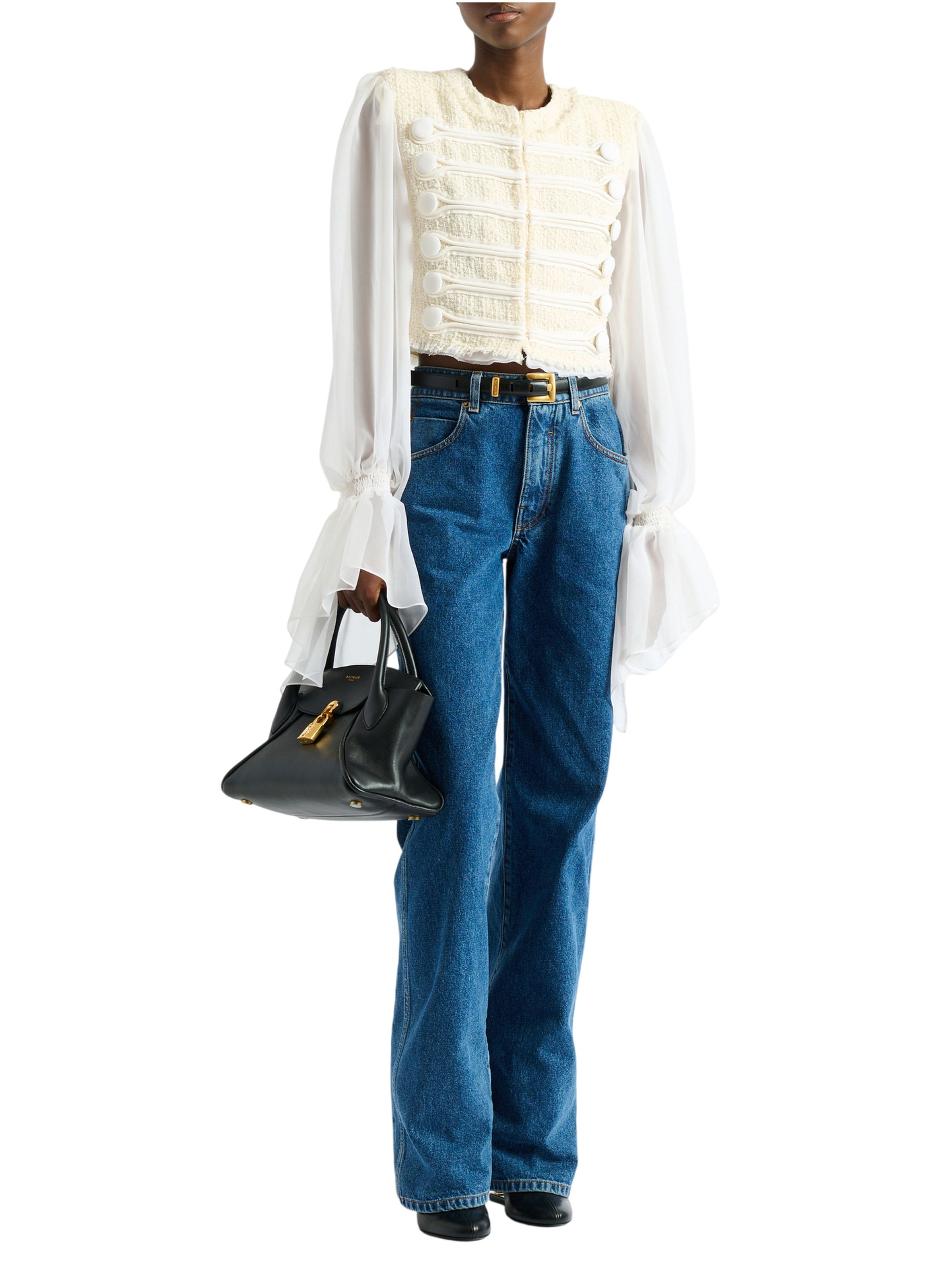 Spencer à brandebourgs en tweed et mousseline BALMAIN Blanc