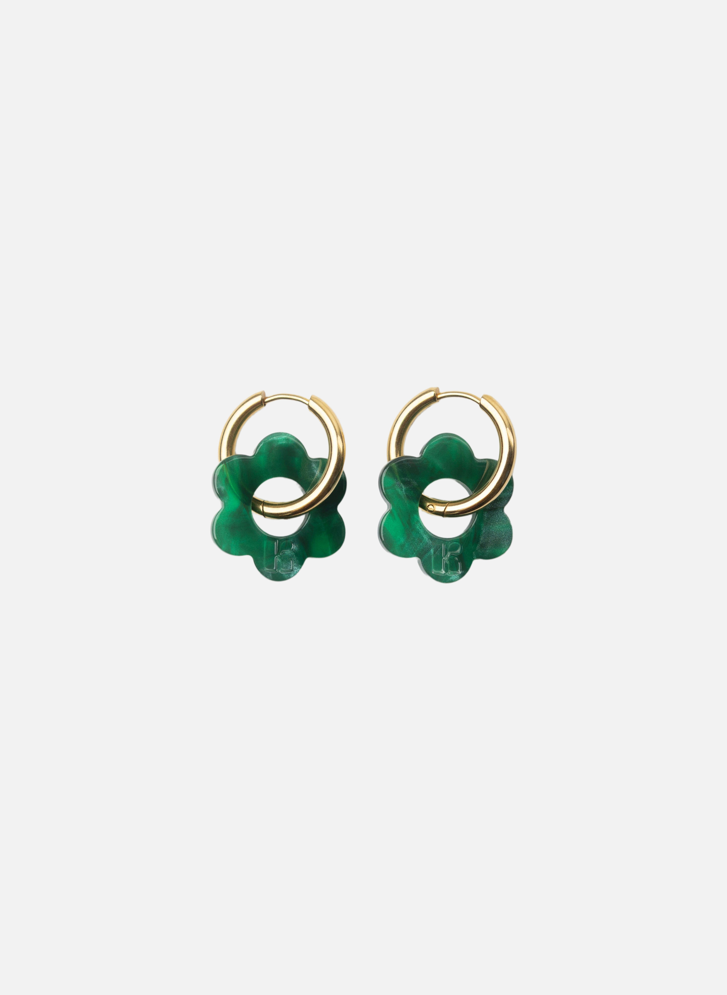 Boucles d'oreilles Baby Fleurette avec anneaux en acier inoxydable doré  Vertes