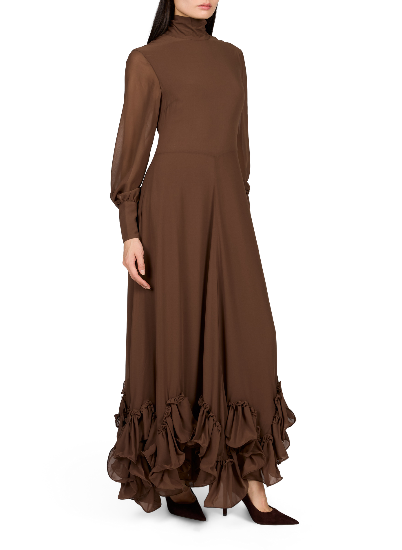 Langes Kleid mit Volants und Stehkragen ROTATE Braun
