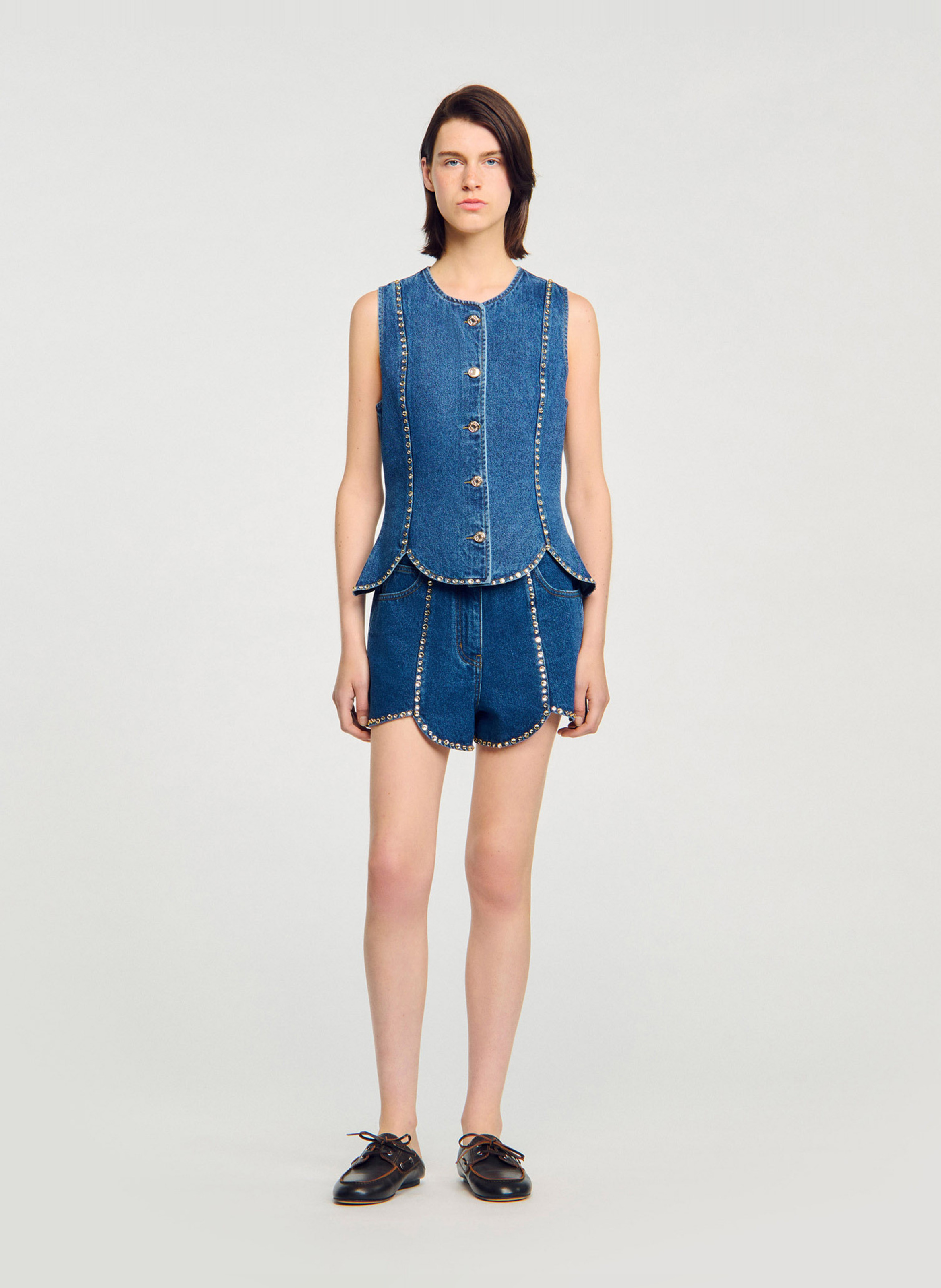 Top col rond en denim de coton Bleu