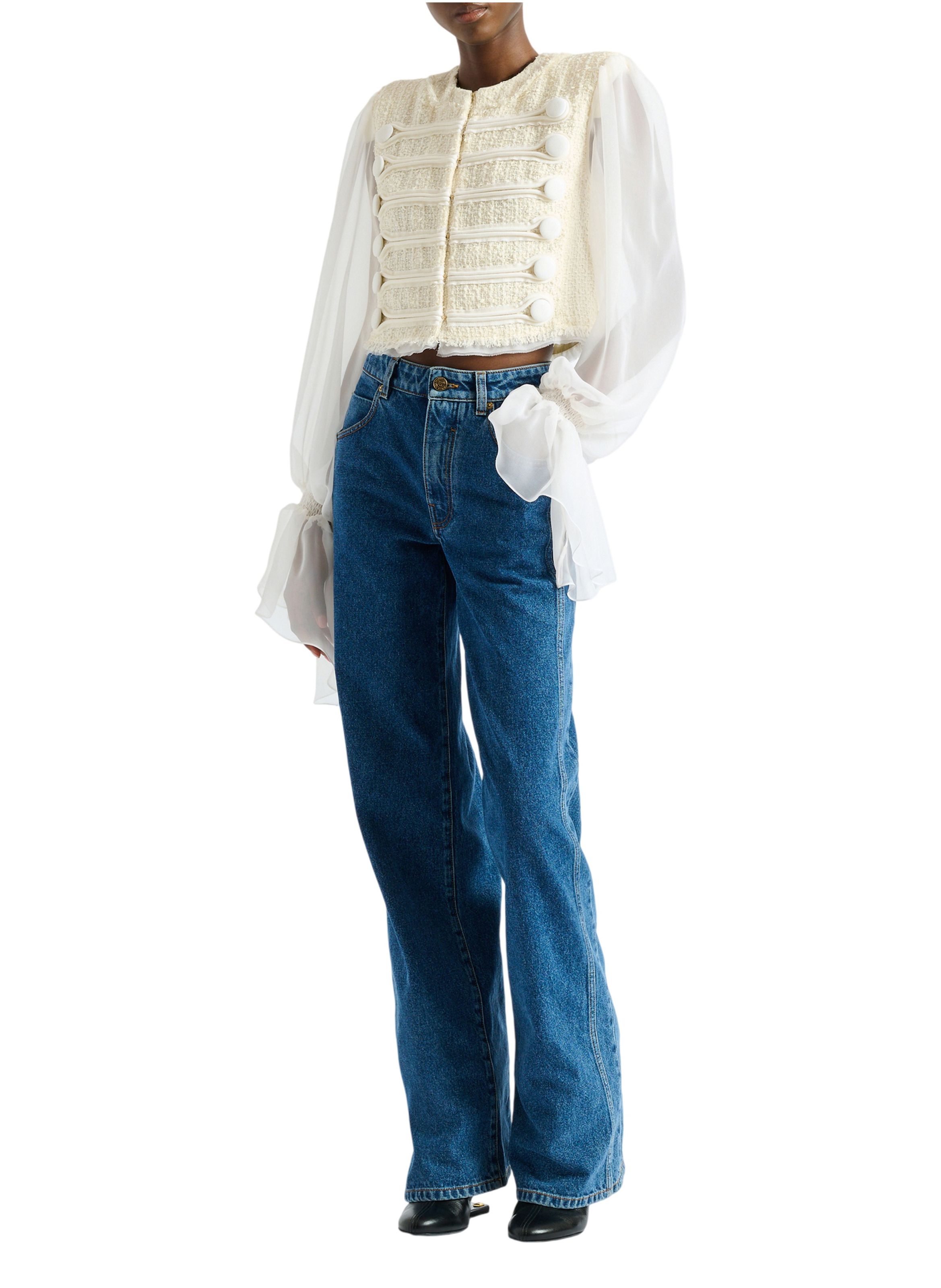 Spencer à brandebourgs en tweed et mousseline BALMAIN Blanc