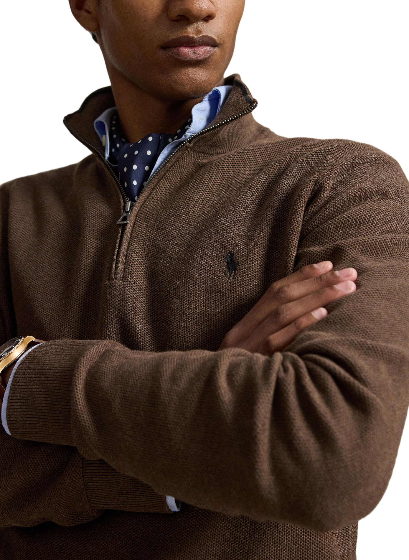 Cotton textured knit zip-up sweater. POLO RALPH LAUREN Beige