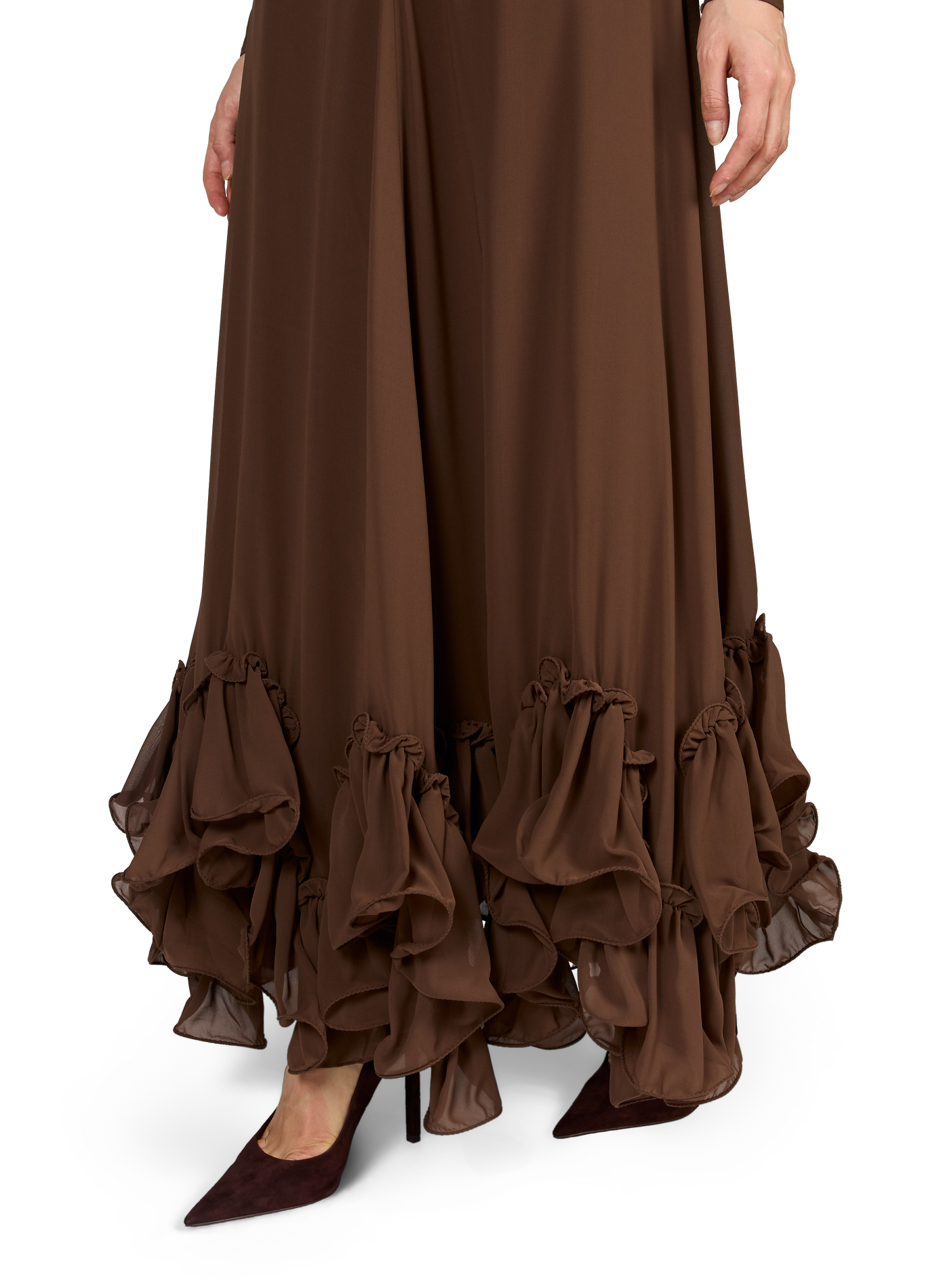 Langes Kleid mit Volants und Stehkragen ROTATE Braun