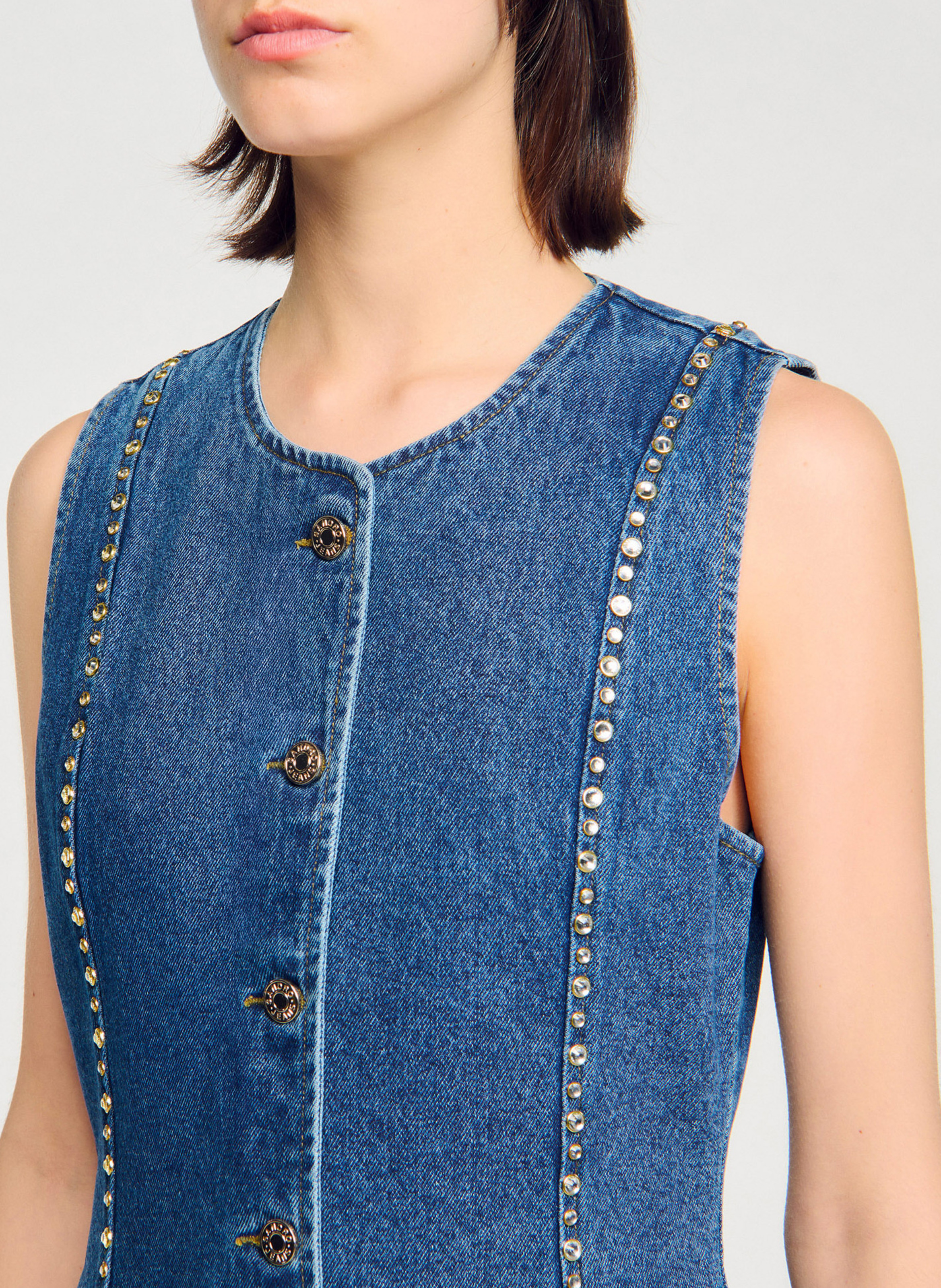 Top col rond en denim de coton Bleu