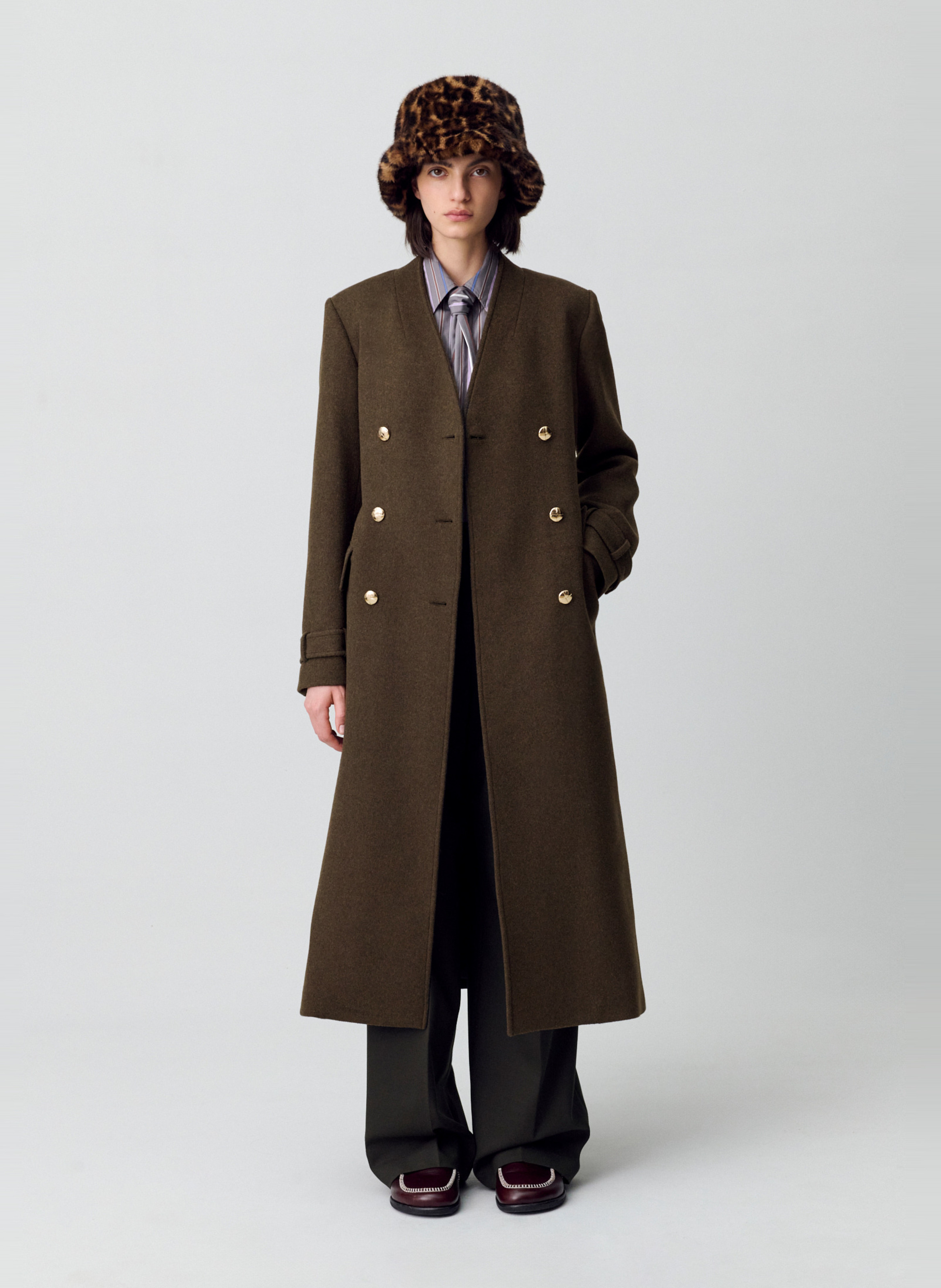 Manteau droit col v en laine mélangée galika CLAUDIE PIERLOT Kaki